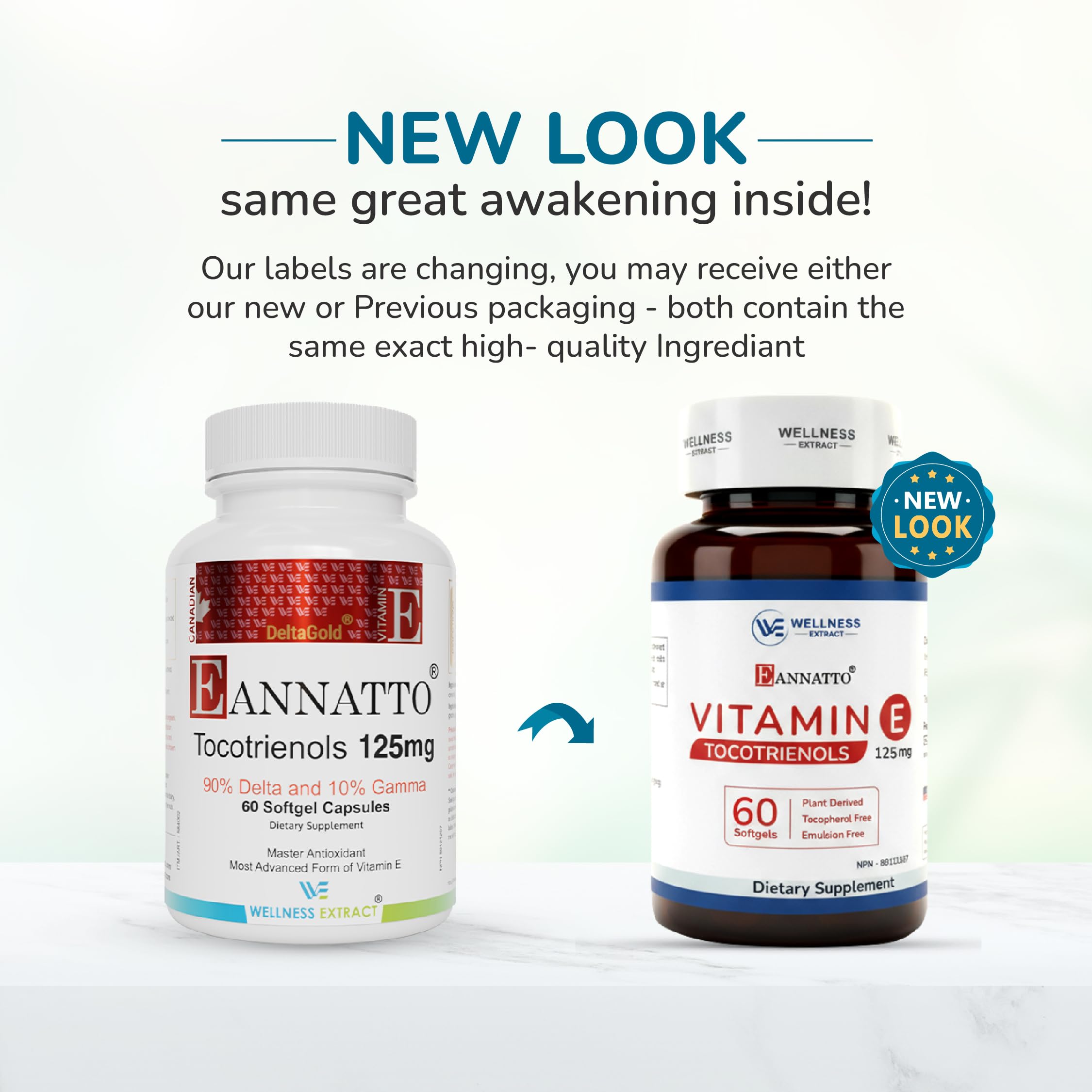 WELLNESS EXTRACT Eannatto Tocotrienols Vitamin E Supplements Tocopherol Free, Non-GMO, Gluten Free & Antioxidant (125MG 60 Softgels)