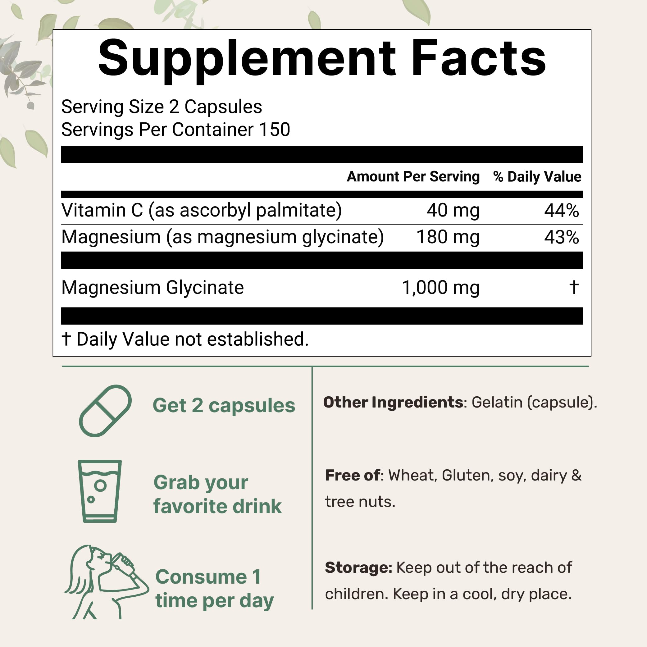 Pure Magnesium Glycinate 1,000mg, 300 Capsules | 100% Chelated for Max Absorption | Enhanced with Vitamin C | Only Uses Active Ingredients