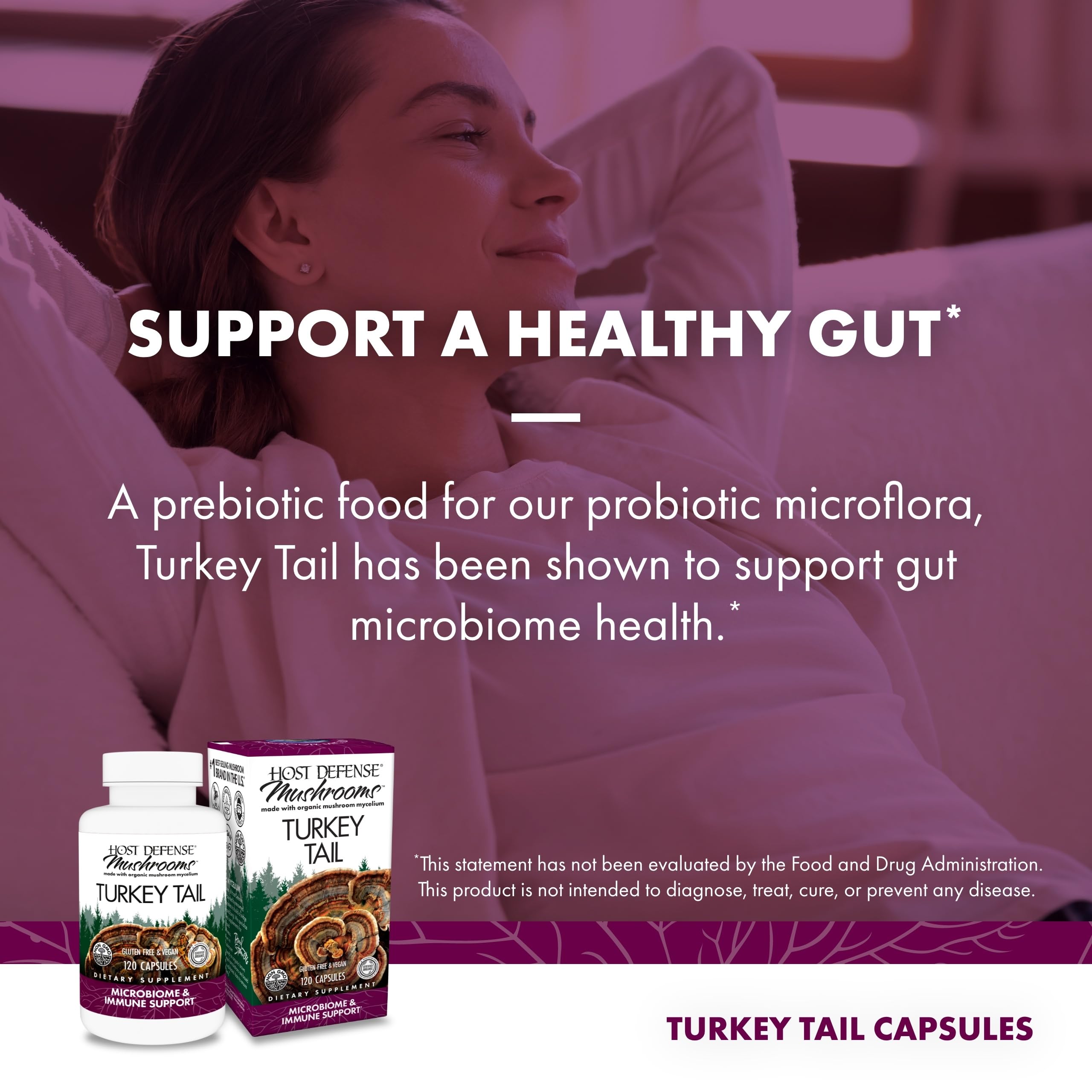 Host Defense Turkey Tail Capsules - Digestive Health & Immune Response Support Supplement - Mushroom Supplement for Gastrointestinal & Gut Microbiome Support - 120 Capsules