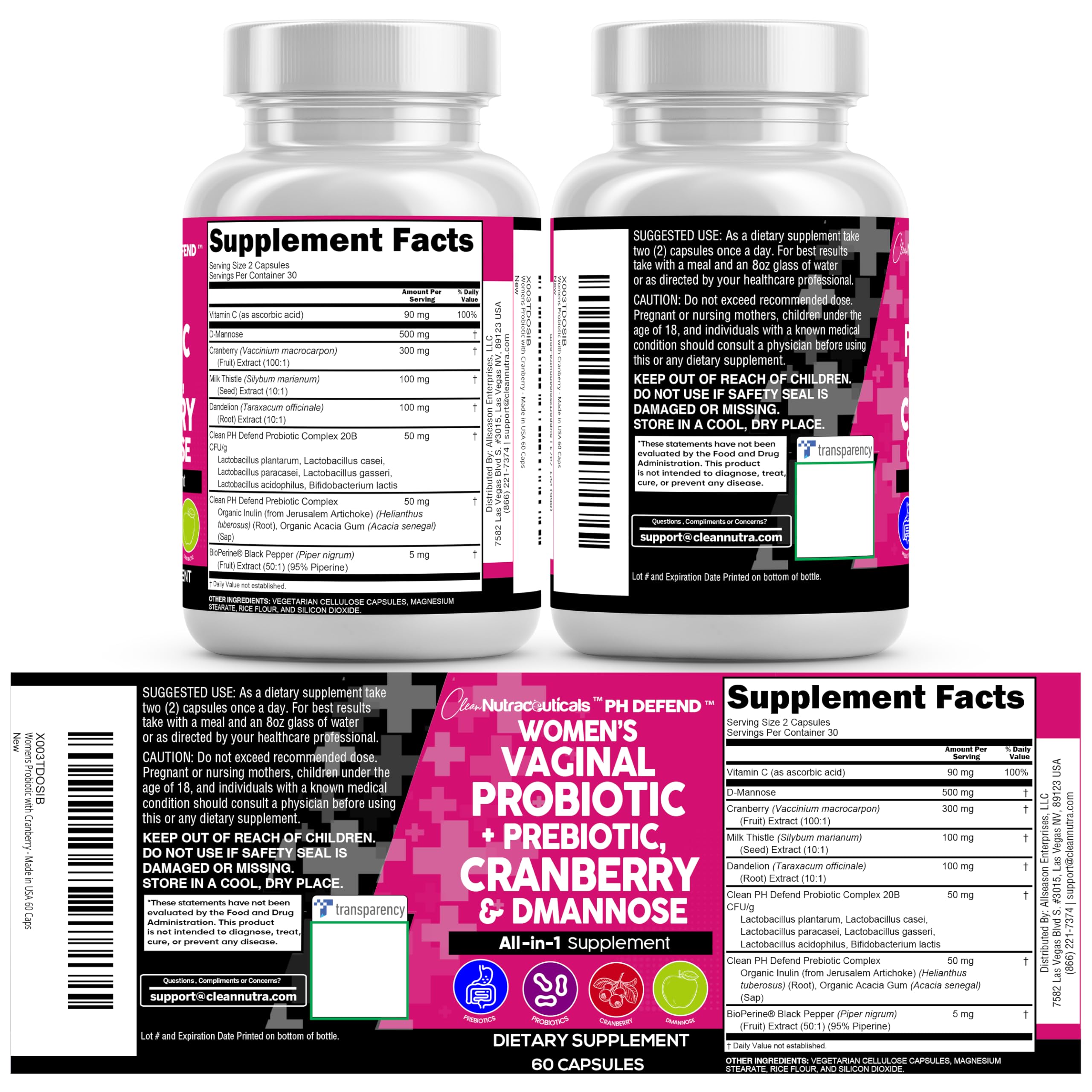 Clean Nutraceuticals Vaginal Probiotics for Women with Cranberry, D-Mannose, Prebiotics, pH Balance Support, Feminine Health, Urinary Tract Cleanse – Capsule Alternative to Gummies – 60 Count