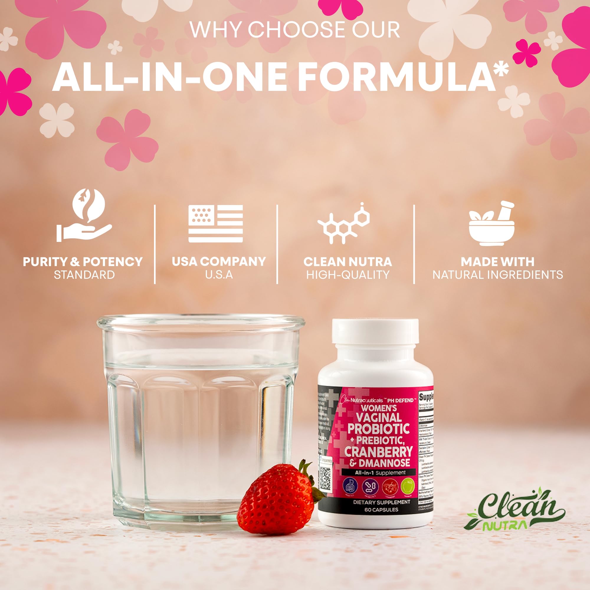 Clean Nutraceuticals Vaginal Probiotics for Women with Cranberry, D-Mannose, Prebiotics, pH Balance Support, Feminine Health, Urinary Tract Cleanse – Capsule Alternative to Gummies – 60 Count