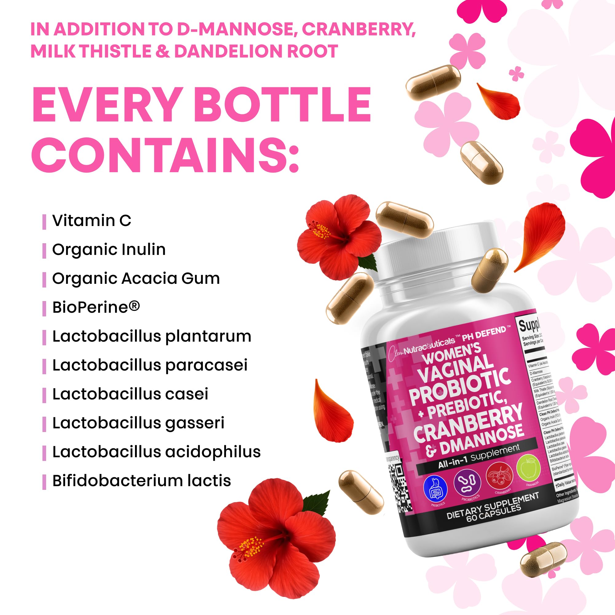 Clean Nutraceuticals Vaginal Probiotics for Women with Cranberry, D-Mannose, Prebiotics, pH Balance Support, Feminine Health, Urinary Tract Cleanse – Capsule Alternative to Gummies – 60 Count