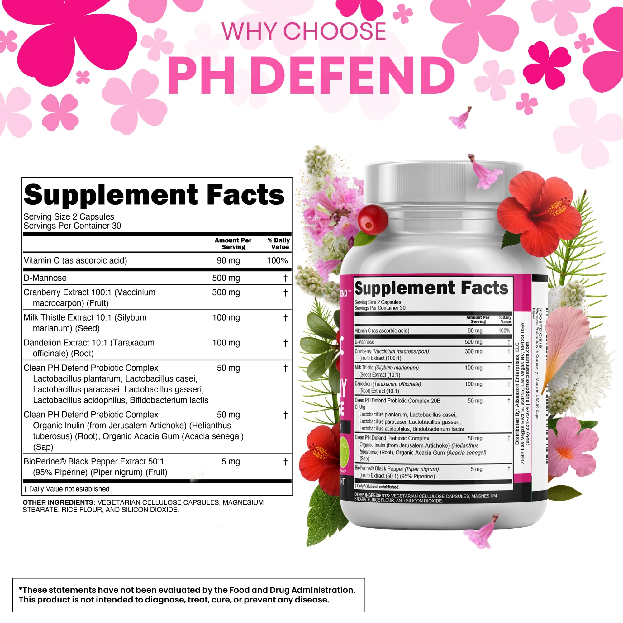 Clean Nutraceuticals Vaginal Probiotics for Women with Cranberry, D-Mannose, Prebiotics, pH Balance Support, Feminine Health, Urinary Tract Cleanse – Capsule Alternative to Gummies – 60 Count