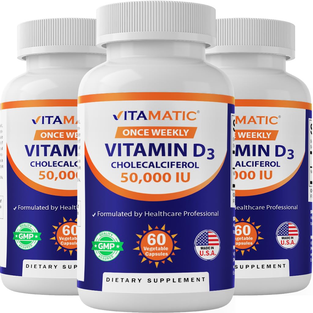 Vitamatic 3 Pack Vitamin D3 50,000 IU (as Cholecalciferol), Once Weekly Dose, 1250 mcg, 60 Veggie Capsules 1 Year Supply, Progressive Formula Helping Vitamin D Deficiencies