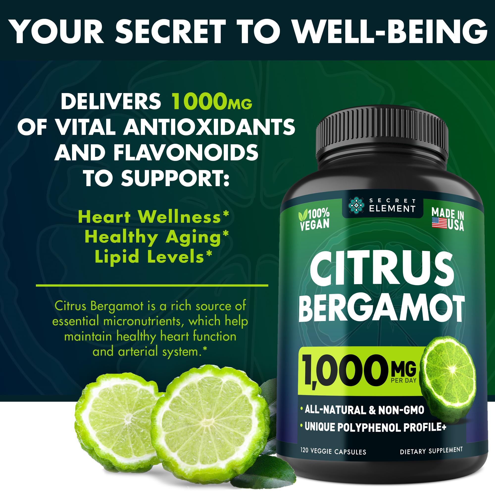 Secret Element Citrus Bergamot Extract 1000mg - Citrus Bergamot Supplement for Heart, Immune System Support, and Healthy Aging - Pure, Vegan Bergamot Capsules