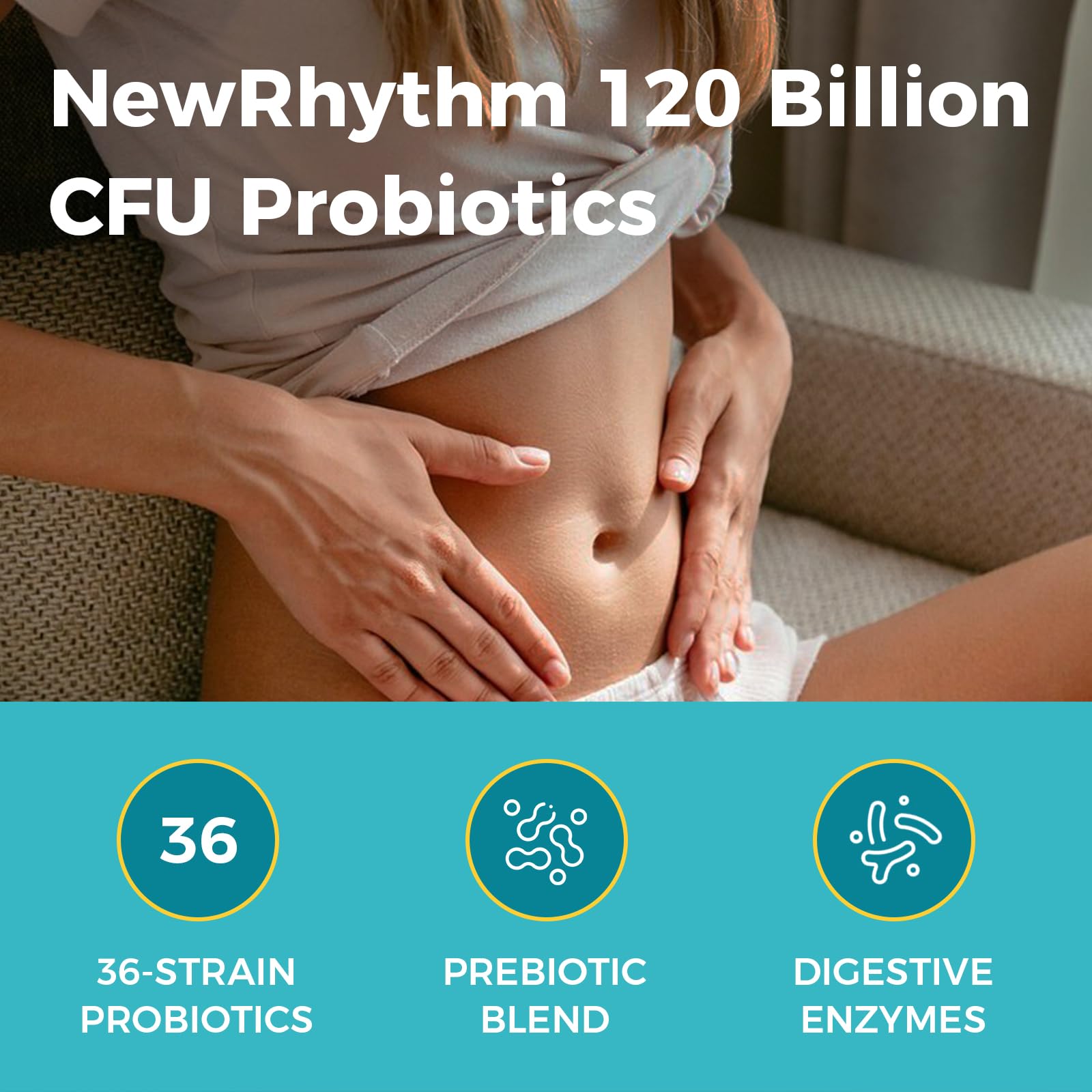 NewRhythm Probiotics 120 Billion CFU 36 Strains, 3-in-1 Probiotics with Prebiotics & Enzymes, Probioticos for Women & Men, Vegan Targeted Release Supplement, 60ct