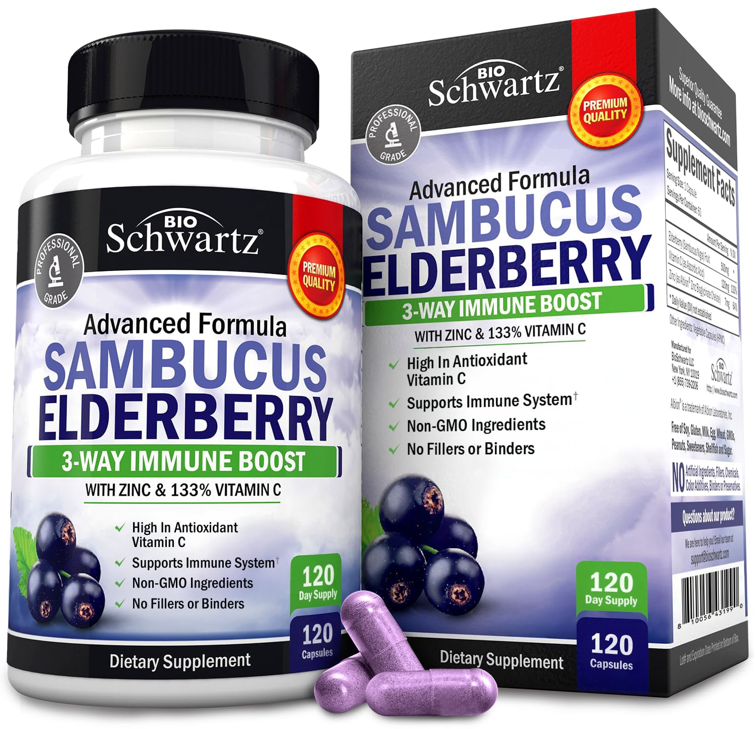 BioSchwartz Elderberry Capsules with Zinc and Vitamin C for Adults - Immune Support Vitamins for Women and Men - Black Sambucus Elderberry Vitamin C and Zinc - Multiminerals Supplement, 120 Count