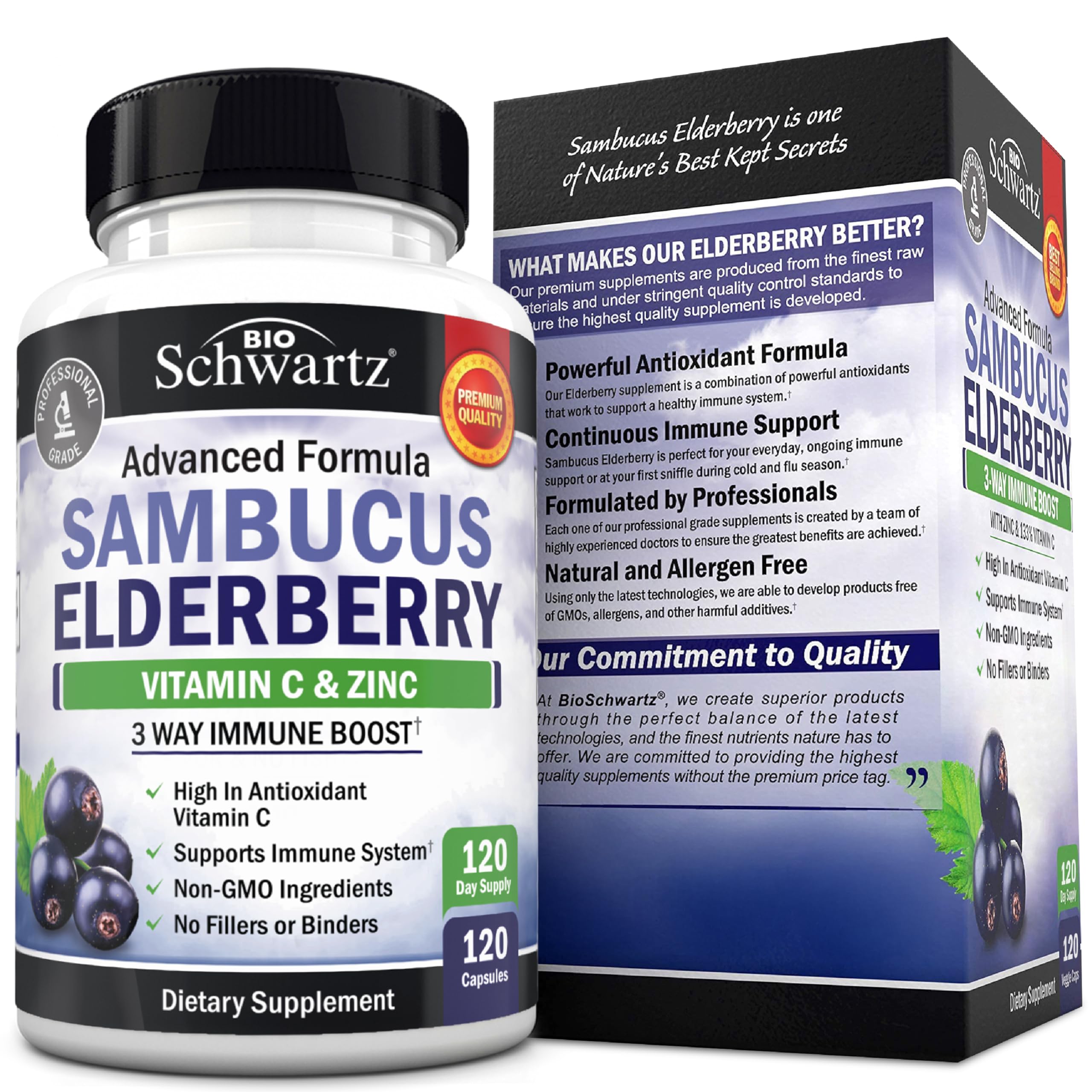 BioSchwartz Elderberry Capsules with Zinc and Vitamin C for Adults - Immune Support Vitamins for Women and Men - Black Sambucus Elderberry Vitamin C and Zinc - Multiminerals Supplement, 120 Count
