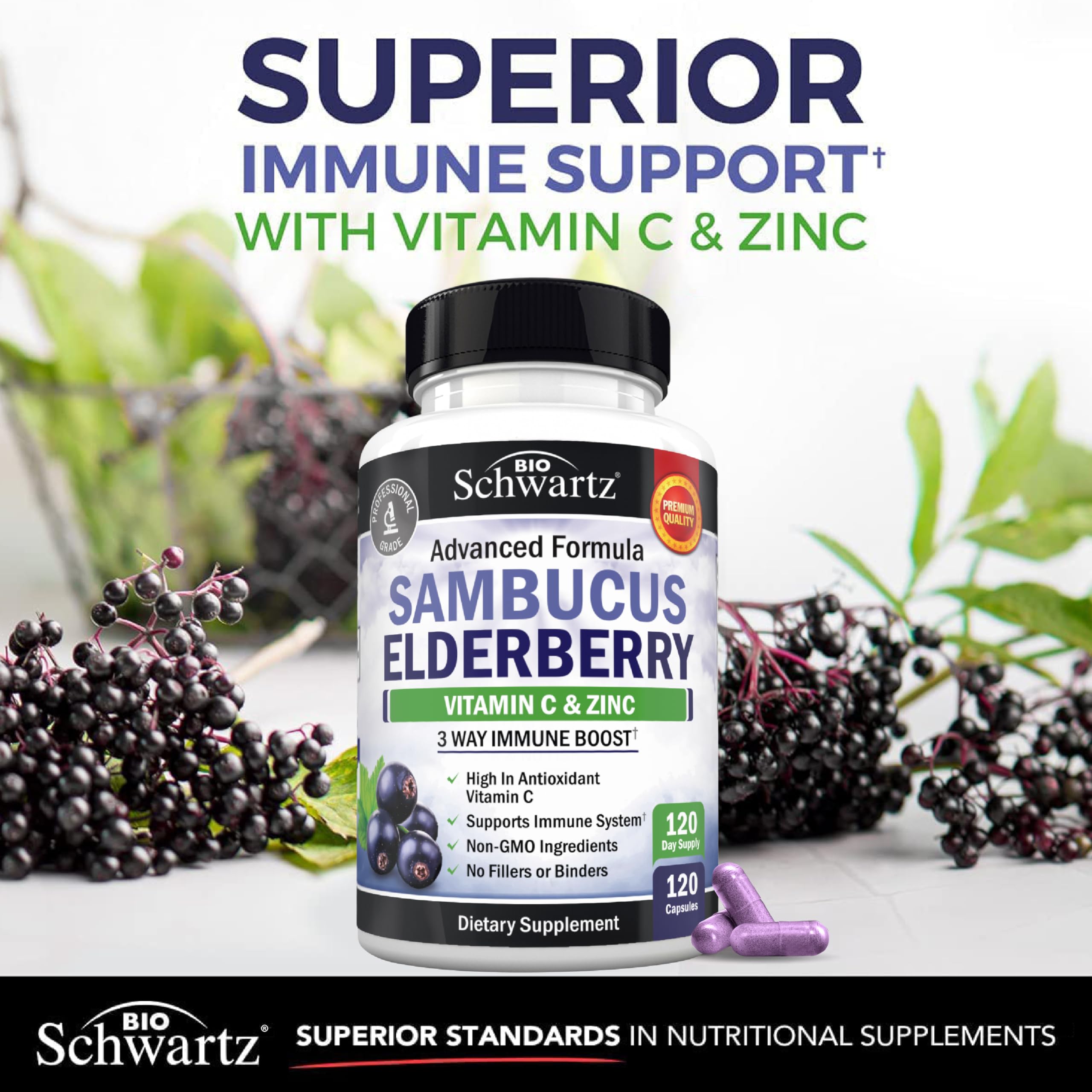 BioSchwartz Elderberry Capsules with Zinc and Vitamin C for Adults - Immune Support Vitamins for Women and Men - Black Sambucus Elderberry Vitamin C and Zinc - Multiminerals Supplement, 120 Count