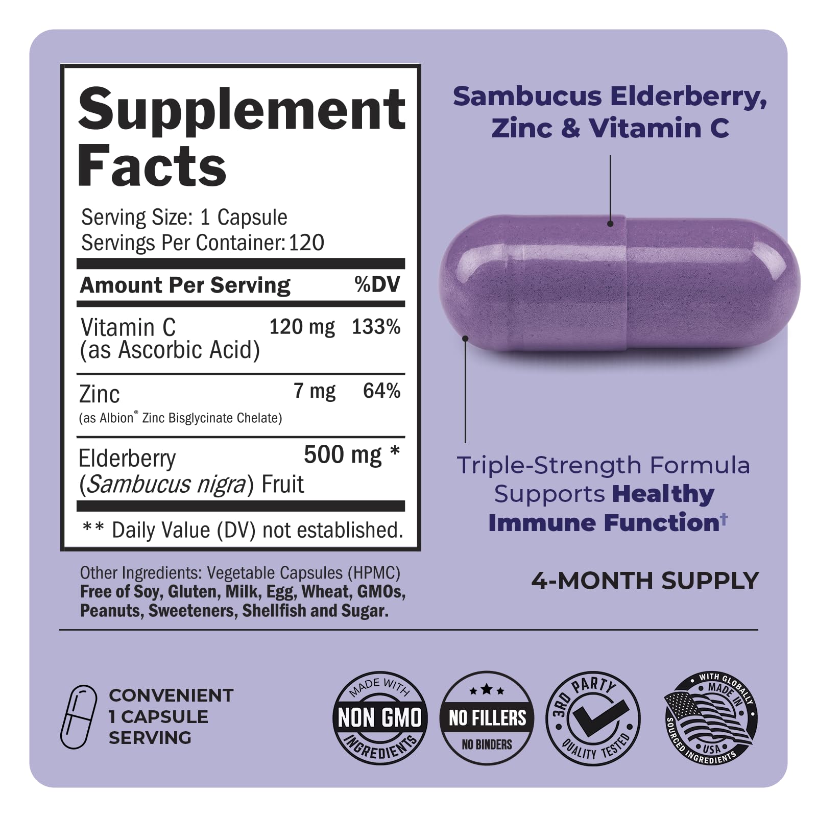 BioSchwartz Elderberry Capsules with Zinc and Vitamin C for Adults - Immune Support Vitamins for Women and Men - Black Sambucus Elderberry Vitamin C and Zinc - Multiminerals Supplement, 120 Count