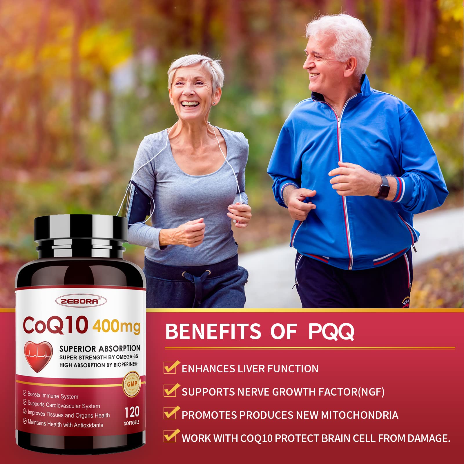 ZEBORA CoQ10-400mg-Softgels with PQQ, BioPerine & Omega-3, Coenzyme Q10(Ubiquinone) Supplement for High-Absorption, Powerful-Antioxidant, Support Heart & Energy-Production, 120 Servings