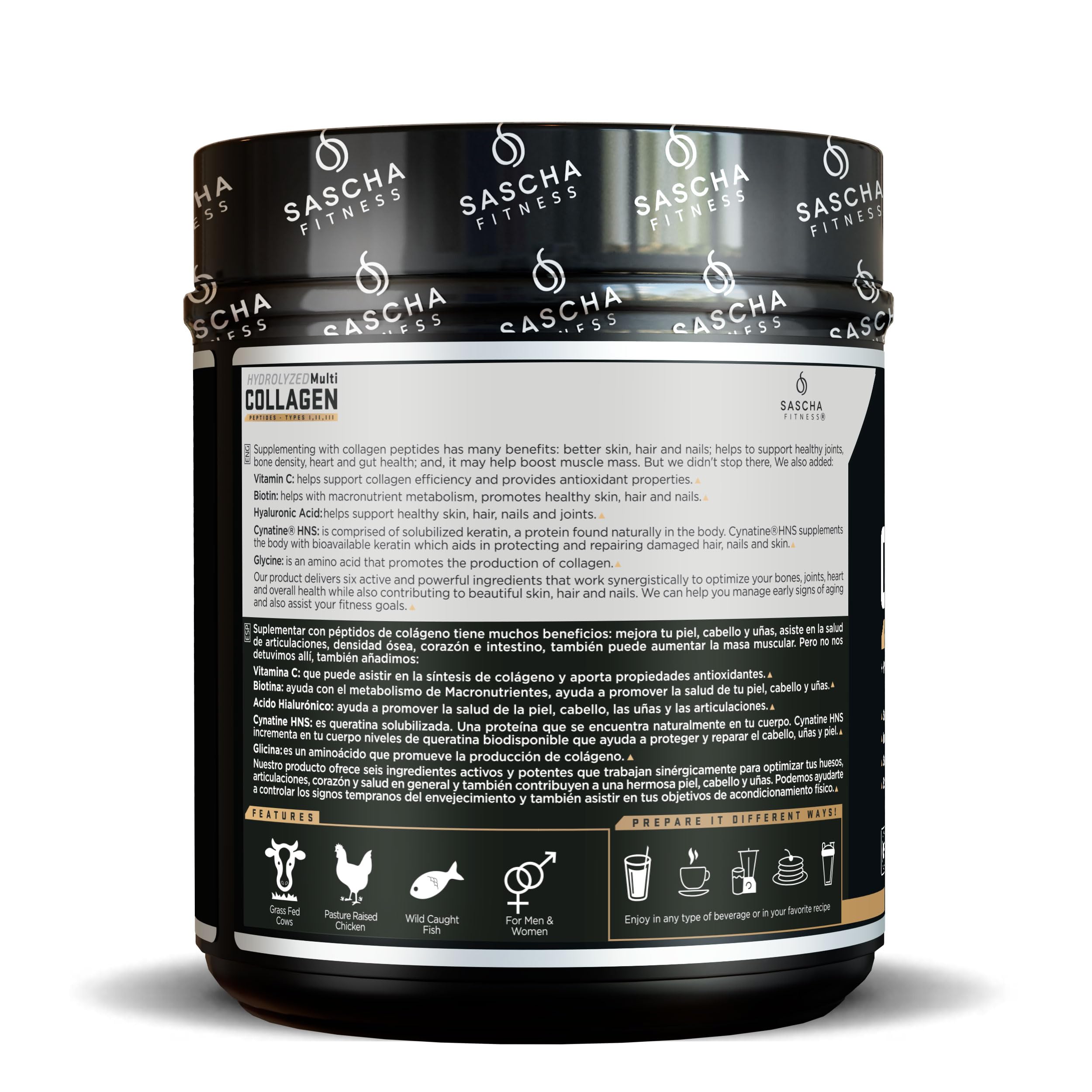 SASCHA FITNESS Hydrolyzed Multi Collagen Peptides Tipes 1,2 & 3 |Hyaluronic Acid|Biotin |Cynatine HSN|Vitamin C & E |for Hairs, Skin & Bone Support|Caramel Macchiato