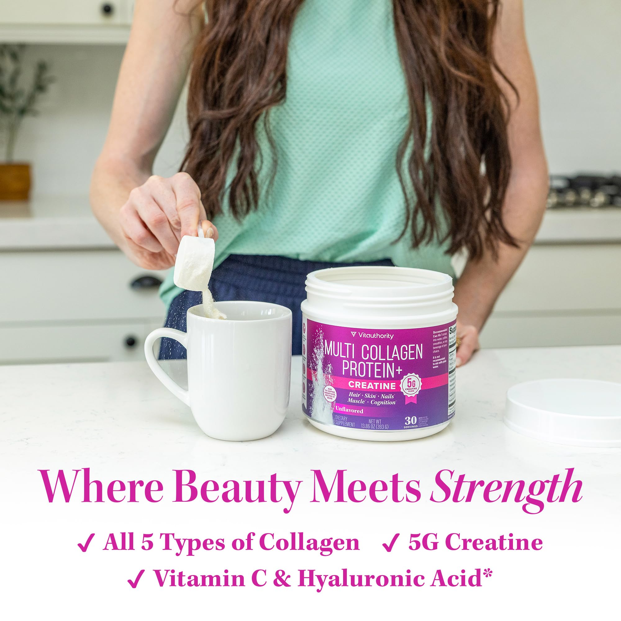 Multi Collagen Protein + Creatine | 5g Creatine Monohydrate with Collagen Types I, II, III, V & X | Hair, Skin, Nail, Muscle & Performance Support | Vitamin C & Hyaluronic Acid, 30 Servings Unflavored