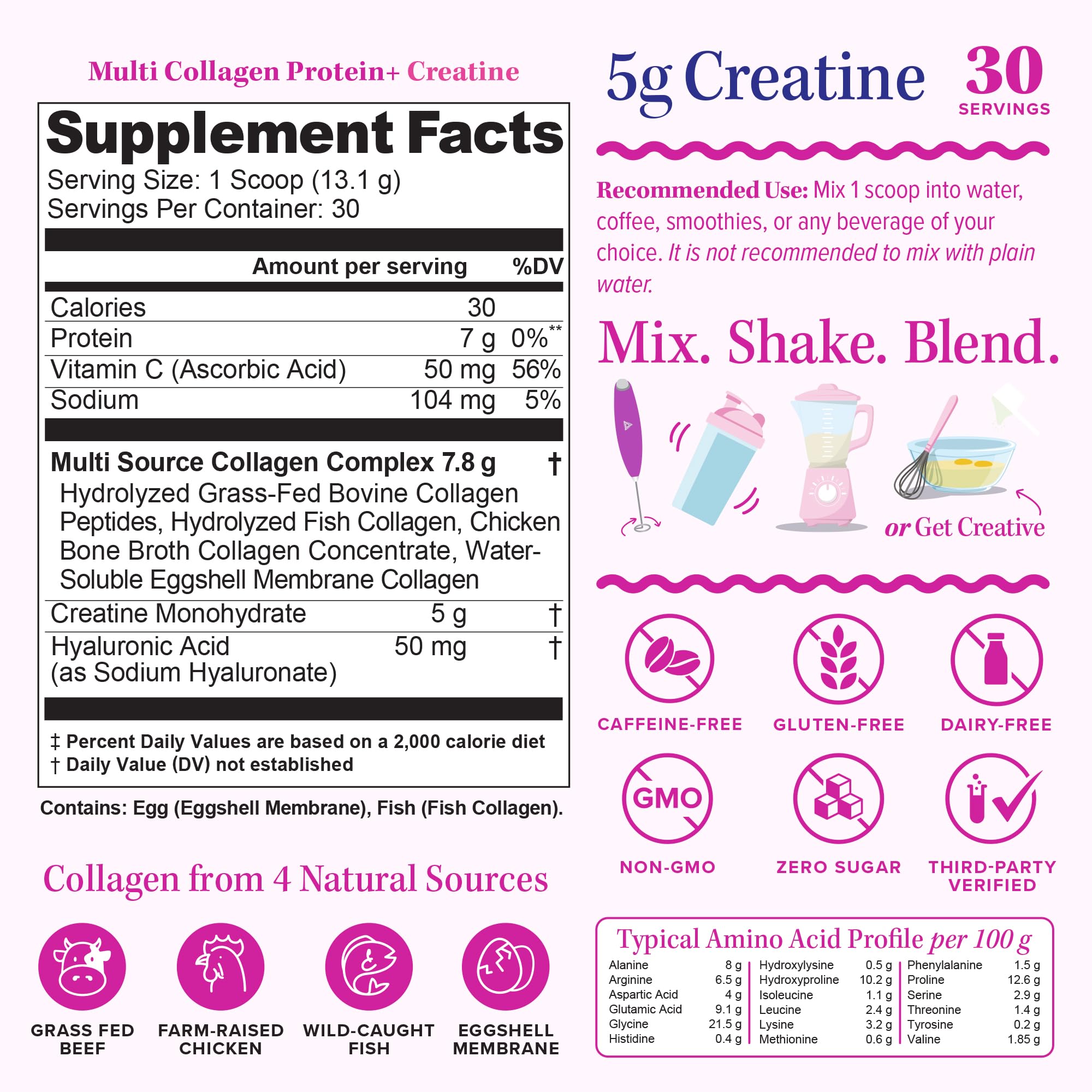 Multi Collagen Protein + Creatine | 5g Creatine Monohydrate with Collagen Types I, II, III, V & X | Hair, Skin, Nail, Muscle & Performance Support | Vitamin C & Hyaluronic Acid, 30 Servings Unflavored