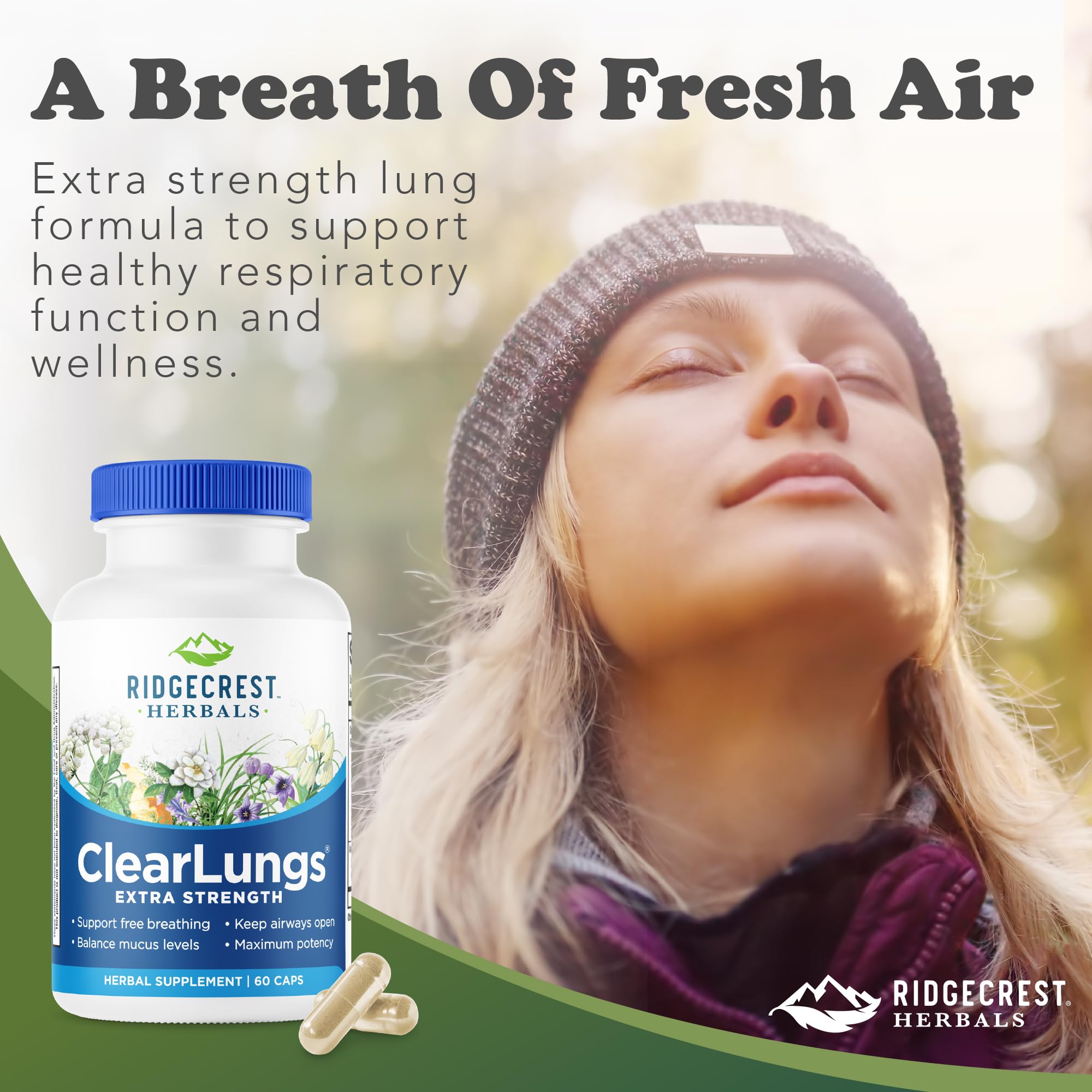 RidgeCrest Herbals ClearLungs Extra Strength, Daily Health Supplement, Natural Lung and Nasal Wellness Formula (60 Vegan Caps, 30 Serv)
