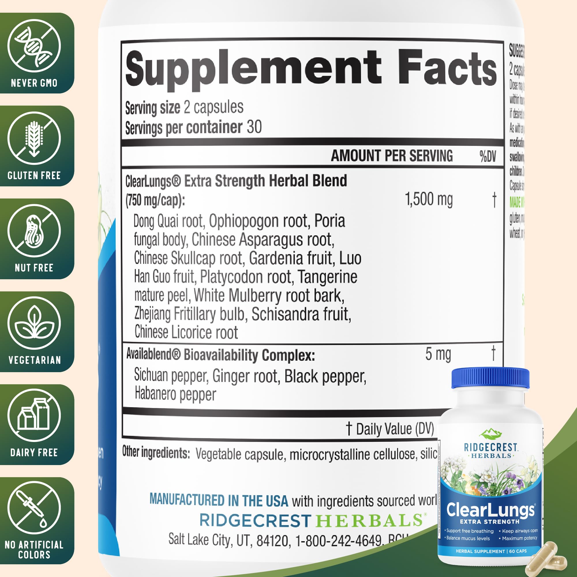 RidgeCrest Herbals ClearLungs Extra Strength, Daily Health Supplement, Natural Lung and Nasal Wellness Formula (60 Vegan Caps, 30 Serv)
