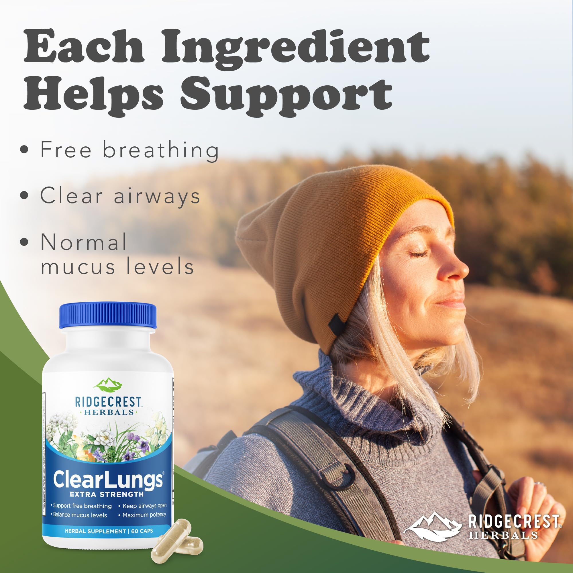 RidgeCrest Herbals ClearLungs Extra Strength, Daily Health Supplement, Natural Lung and Nasal Wellness Formula (60 Vegan Caps, 30 Serv)