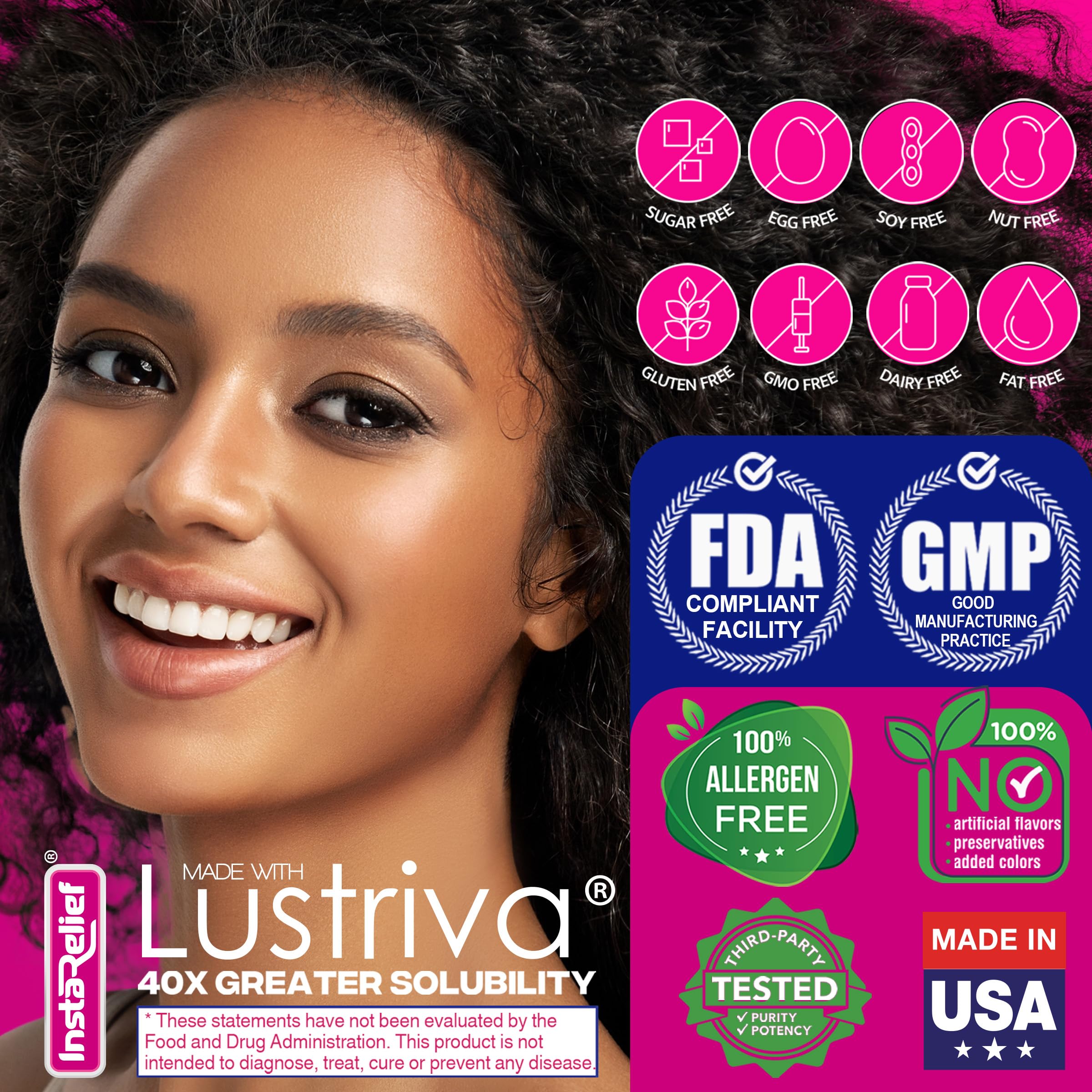 InstaRelief® Hair Growth with Lustriva® - Clinically Shown to Grow Thicker, Healthier Hair in 3 Weeks, Reduce Wrinkles and Fine Lines, with Biotin, Silicon, and Arginine, 60 Tablets