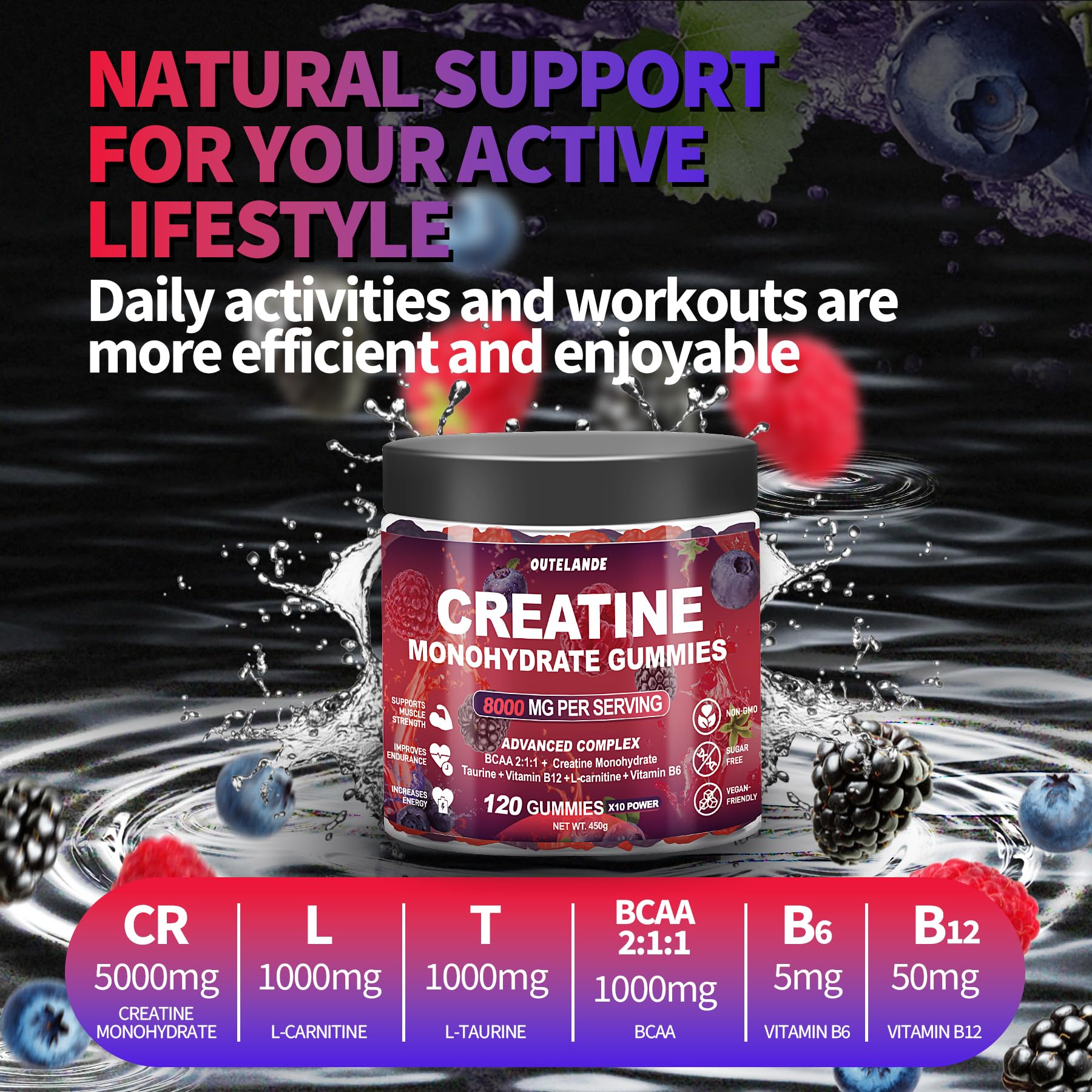 Creatine Monohydrate Gummies 8000 mg for Men & Women, Creatine Supplement for Enhanced Muscle Growth, Energy Boost - with L-Taurine, Sugar Free, Vegan, Raspberry BlackBerry Blueberry Flavor-120 Count