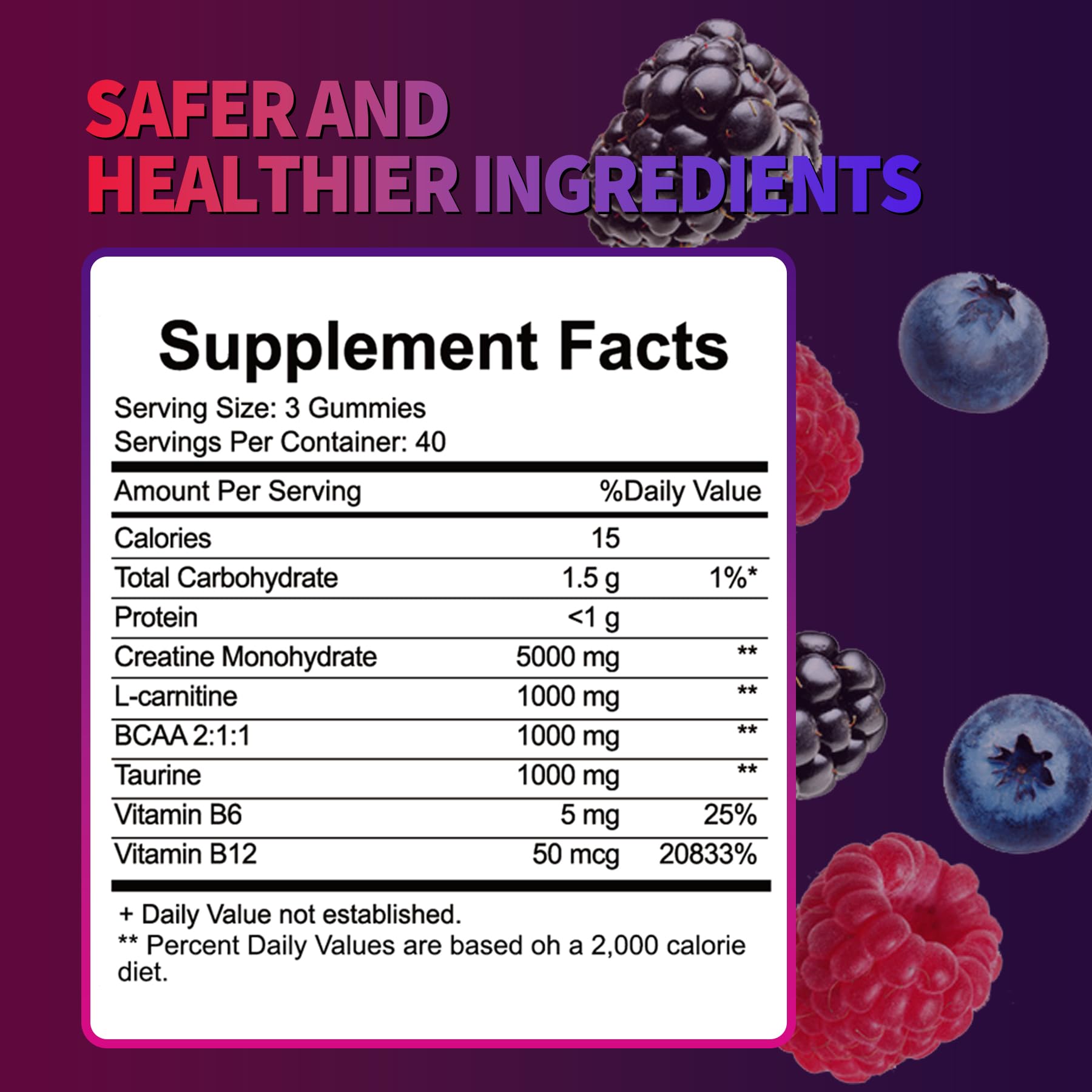 Creatine Monohydrate Gummies 8000 mg for Men & Women, Creatine Supplement for Enhanced Muscle Growth, Energy Boost - with L-Taurine, Sugar Free, Vegan, Raspberry BlackBerry Blueberry Flavor-120 Count