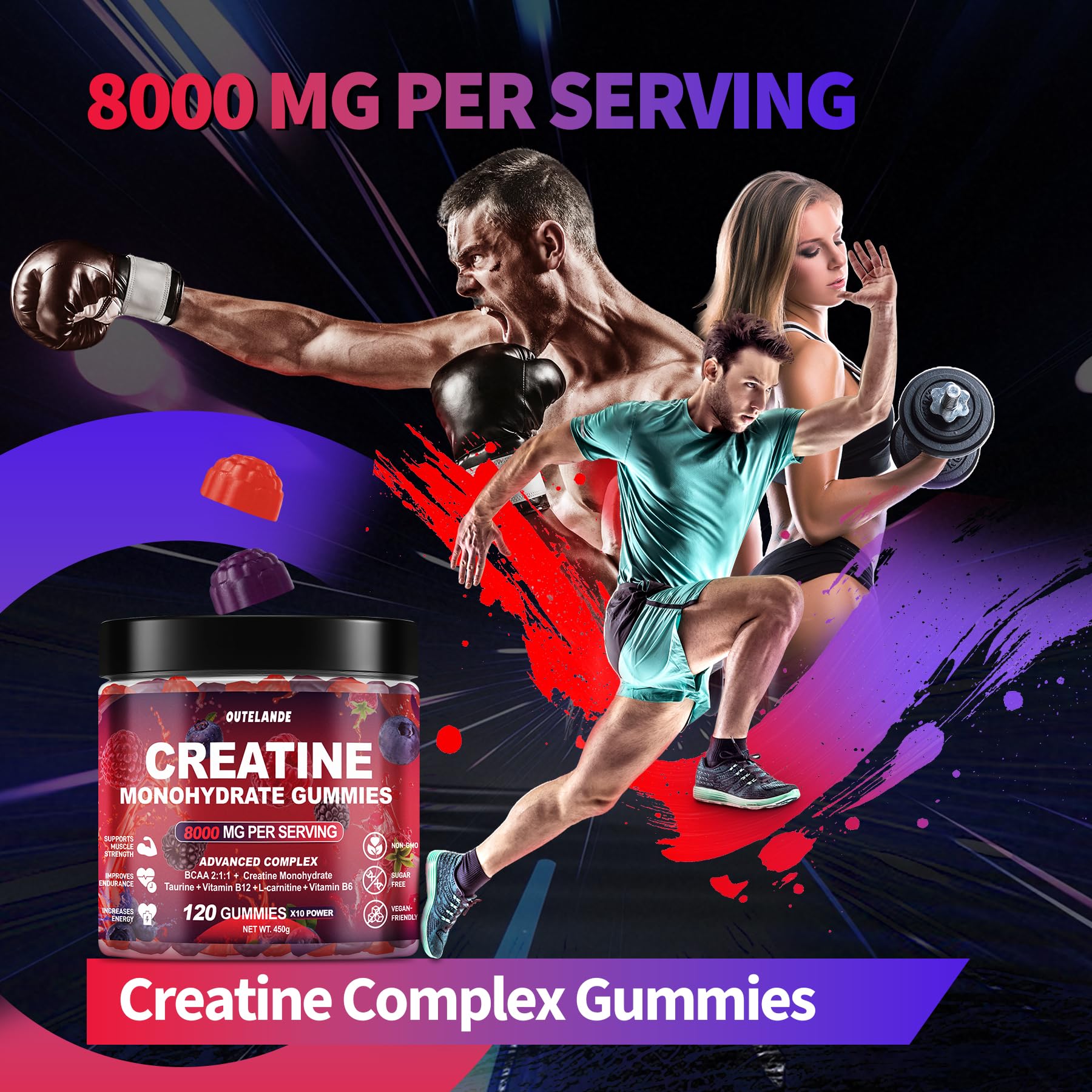 Creatine Monohydrate Gummies 8000 mg for Men & Women, Creatine Supplement for Enhanced Muscle Growth, Energy Boost - with L-Taurine, Sugar Free, Vegan, Raspberry BlackBerry Blueberry Flavor-120 Count
