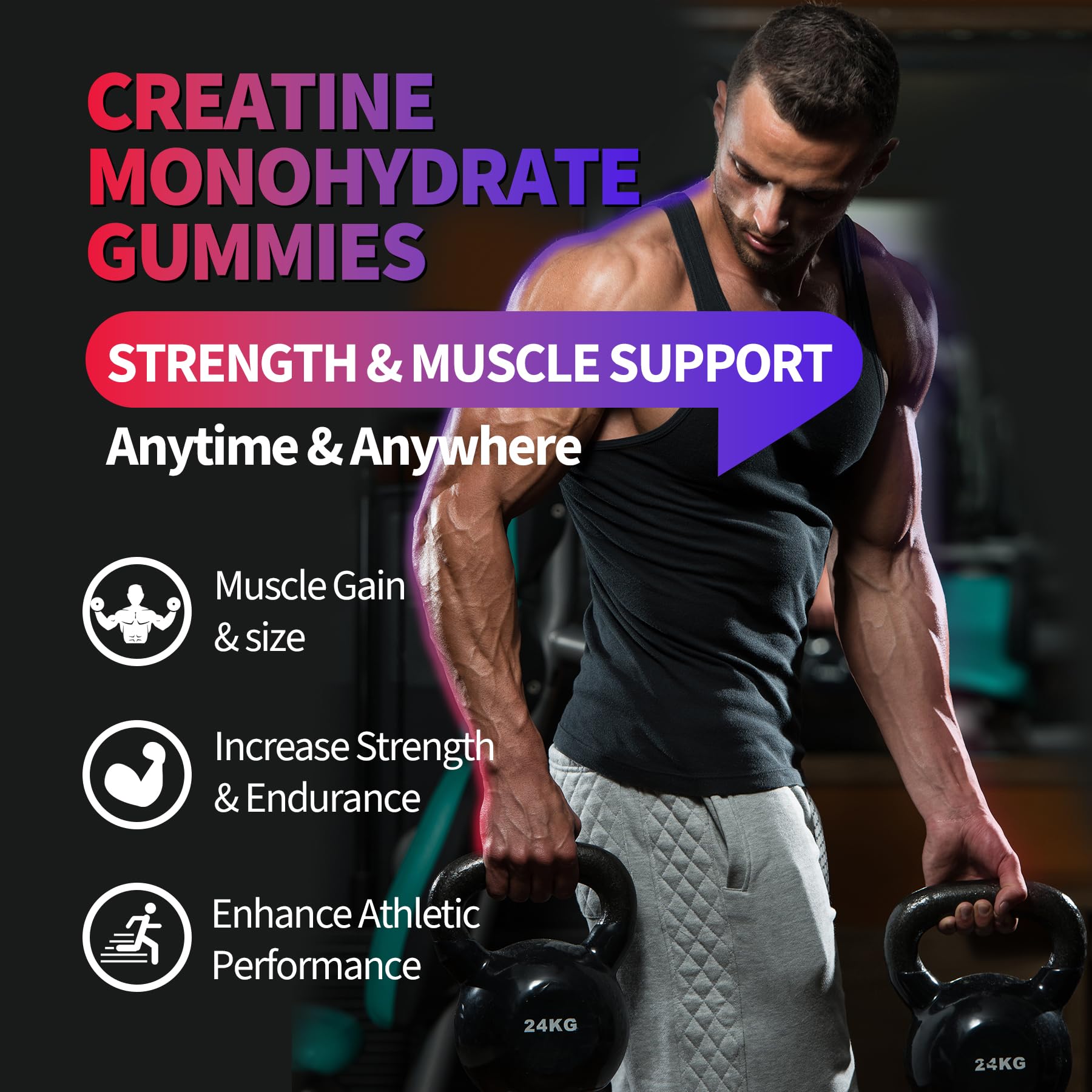 Creatine Monohydrate Gummies 8000 mg for Men & Women, Creatine Supplement for Enhanced Muscle Growth, Energy Boost - with L-Taurine, Sugar Free, Vegan, Raspberry BlackBerry Blueberry Flavor-120 Count