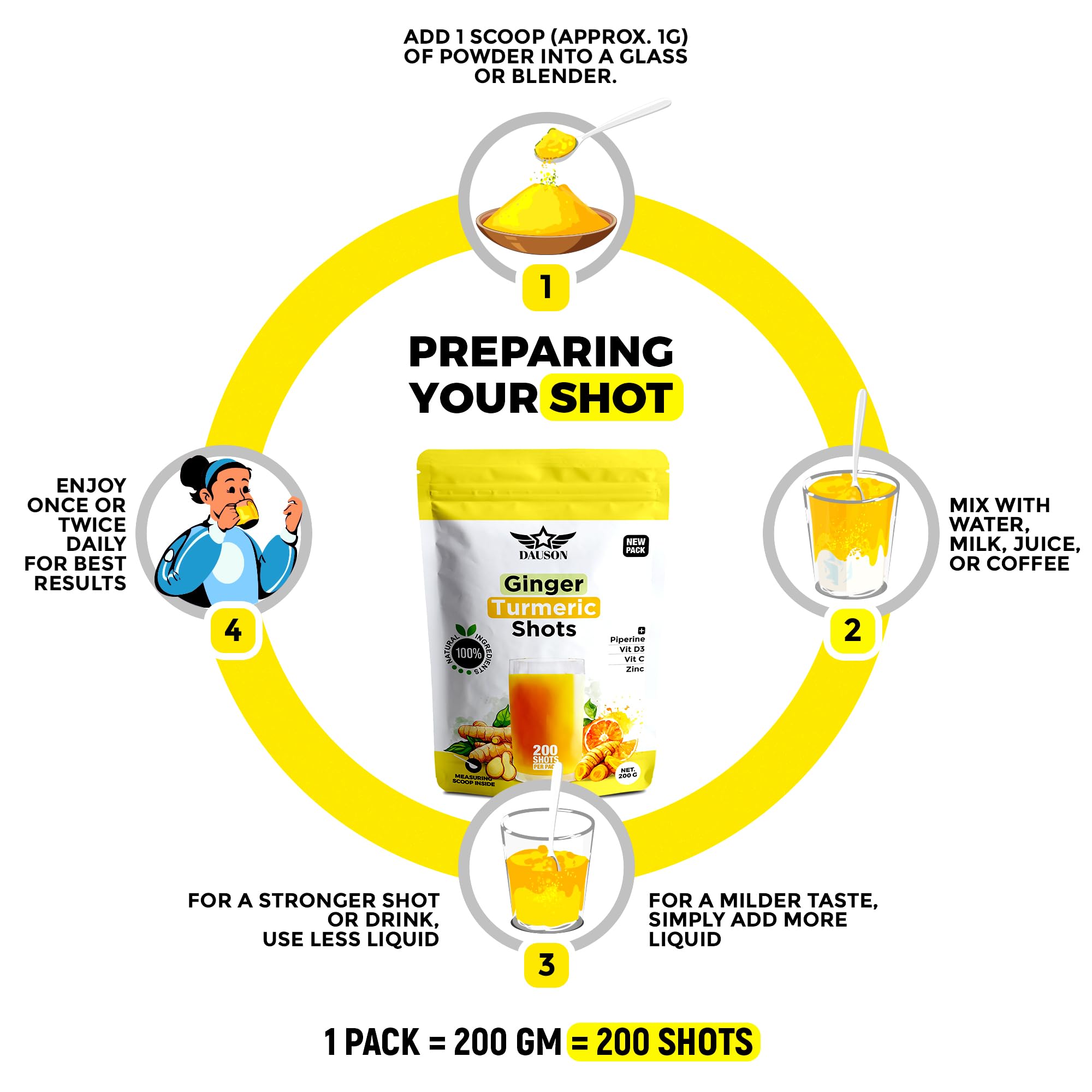 Ginger Turmeric Supplements with Piperine, Vitamin C, Vitamin D3 & Zinc | 200 Servings of Turmeric Ginger Shots for Joint, Heart, Brain, Gut & Skin Health | Ayurved | Powder