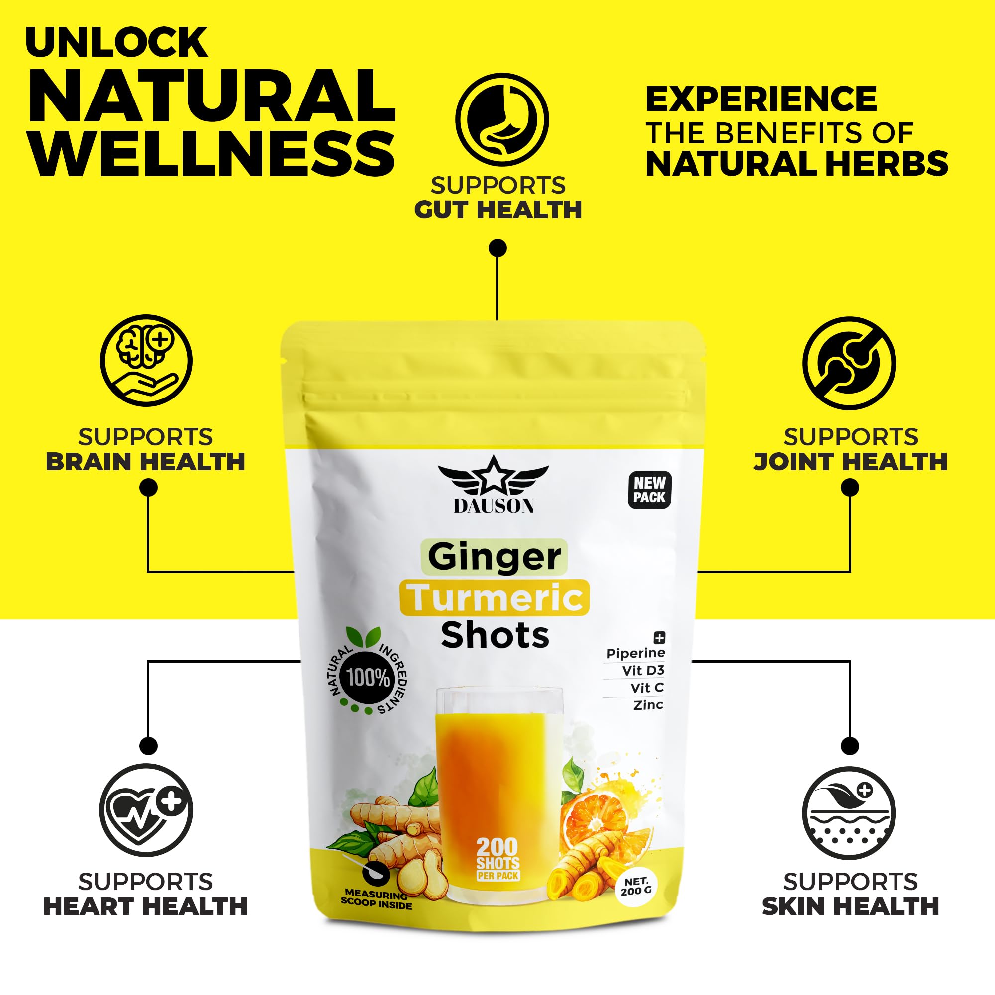 Ginger Turmeric Supplements with Piperine, Vitamin C, Vitamin D3 & Zinc | 200 Servings of Turmeric Ginger Shots for Joint, Heart, Brain, Gut & Skin Health | Ayurved | Powder