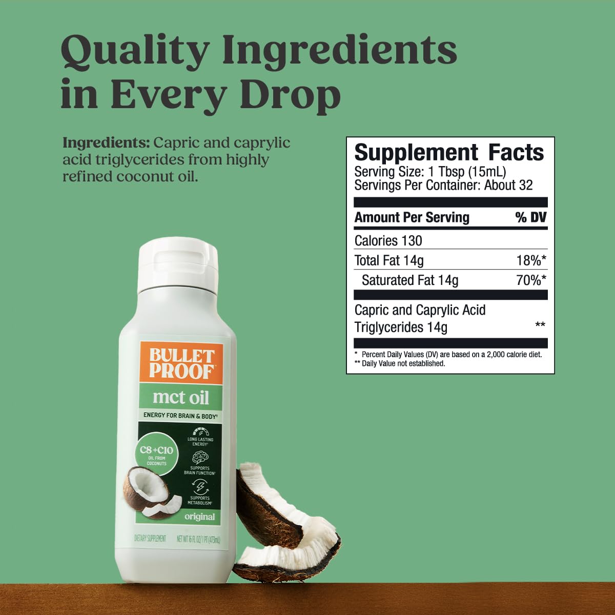 Bulletproof MCT Oil Made with C10 and C8 Oil, 16 Ounces, Keto Supplement for Sustained Energy, Brain and Body Fuel, Add to Coffee and Smoothies, Packaging May Vary