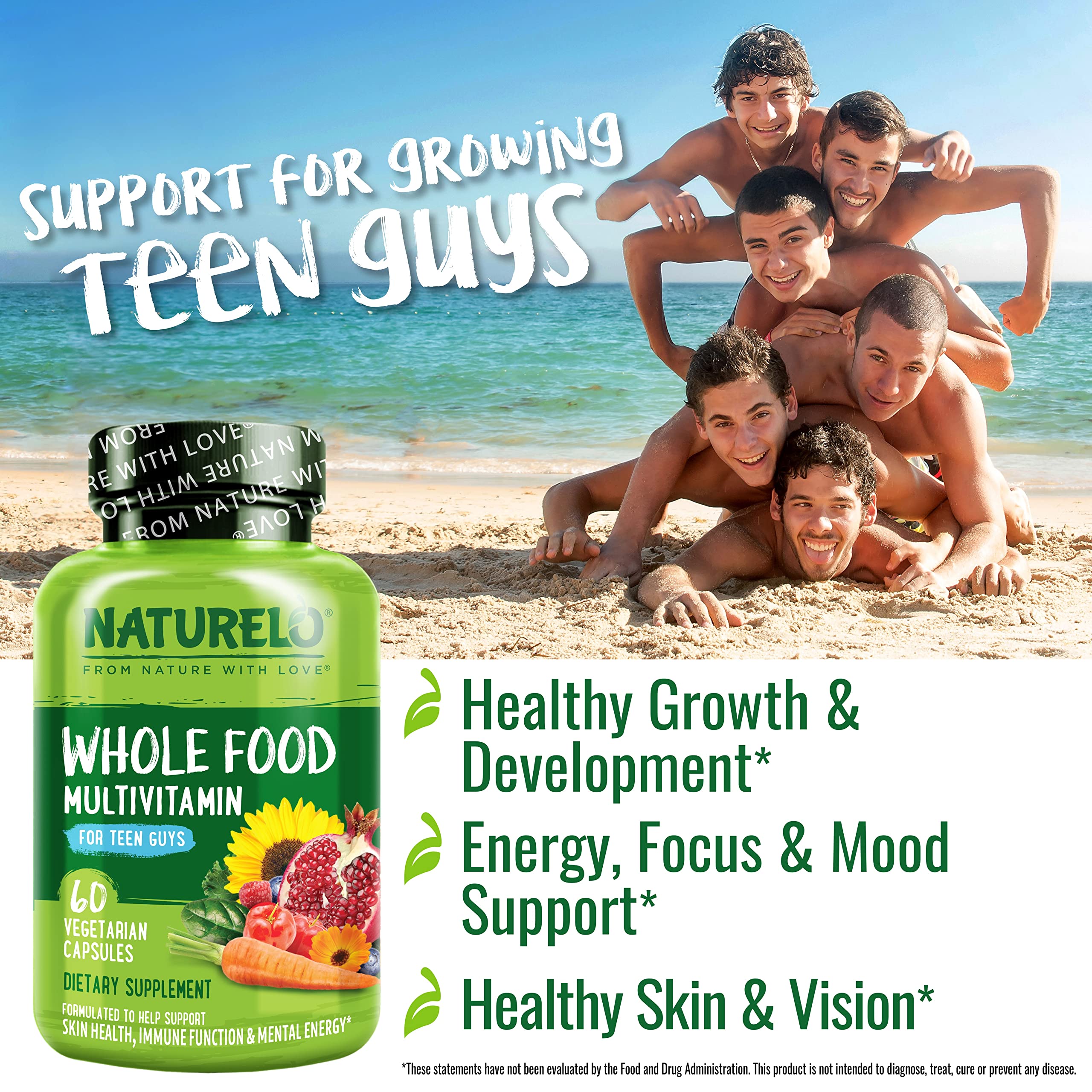NATURELO Teen Multivitamin - Whole Food Multivitamin for Teenage Boys - Minerals Supplement for Active Kids - with Plant Extracts - Non-GMO - Vegan & Vegetarian - 60 Capsules (Pack of 2)