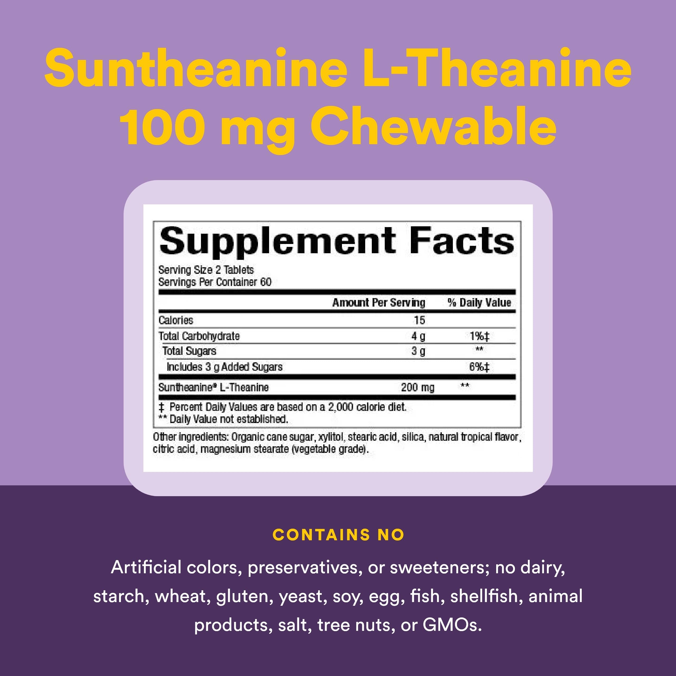 Natural Factors Suntheanine L-Theanine 100 mg - Health Supplement for Calm Outlook - L-Theanine Supplement Supports Relaxing Sleep & Aids Against Drowsiness - 120 Chewable Tablets (60 Servings)