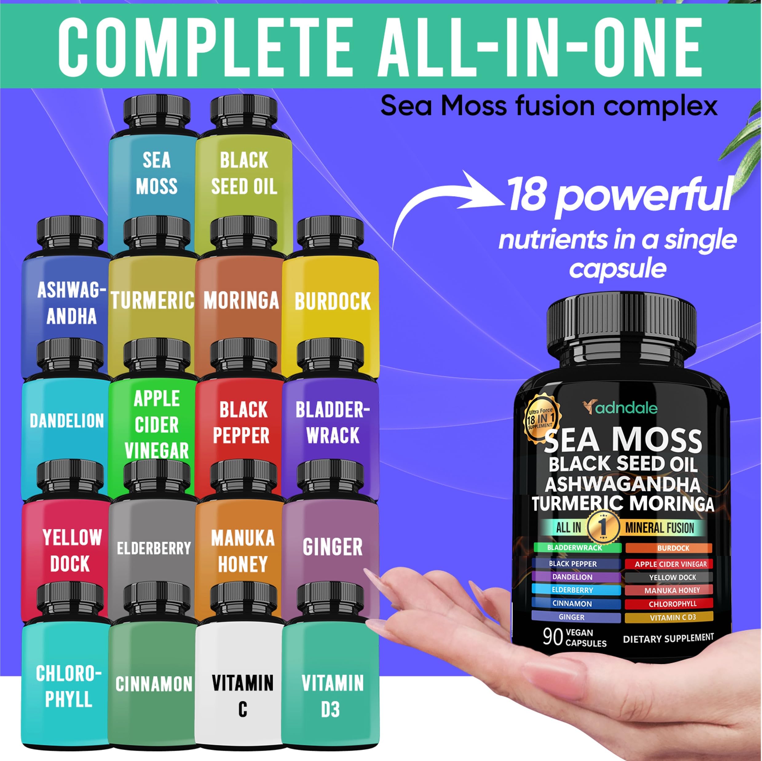 Adndale Sea Moss Black Seed Oil Ashwagandha Ginger Capsules. SeaMoss Capsules with Black Seed Oil, Ashwagandha, Turmeric, Moringa, Bladderwrack, Burdock Root, Manuka Honey, Cinnamon