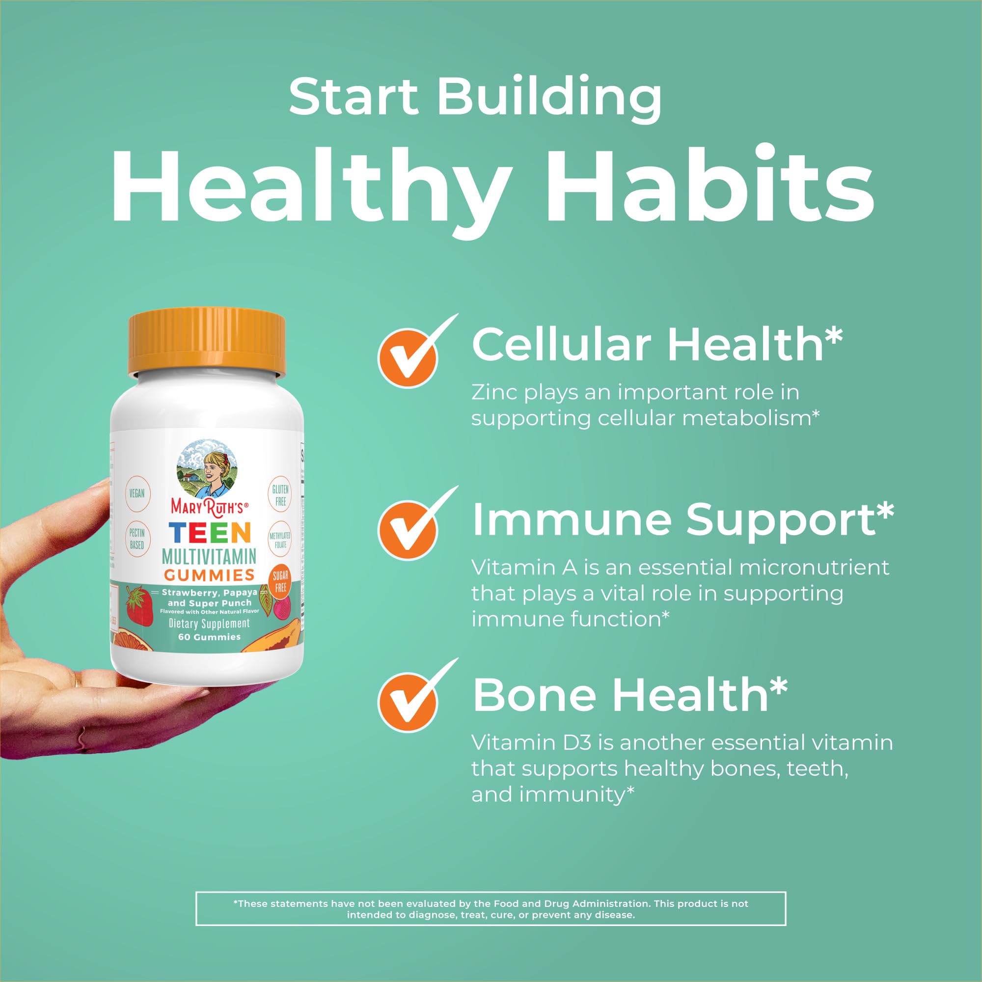 MaryRuth's Multivitamin Gummies for Teens | Vitamin D3, A, C, E, B6, B12, Zinc, Iodine, Biotin | Immunity | Tissue, Vision, & Skin Health | Vegan | Non-GMO | Sugar Free | Gluten Free | 60 Count