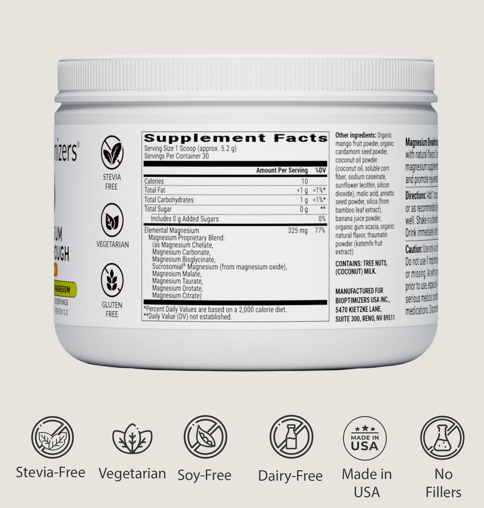 BIOptimizers Magnesium Breakthrough Drink - 8 Forms of Magnesium, Electrolytes, Sleep Health, Stress, Muscle Recovery, Heart Support | Glycinate, Citrate, Malate- Banana Mango