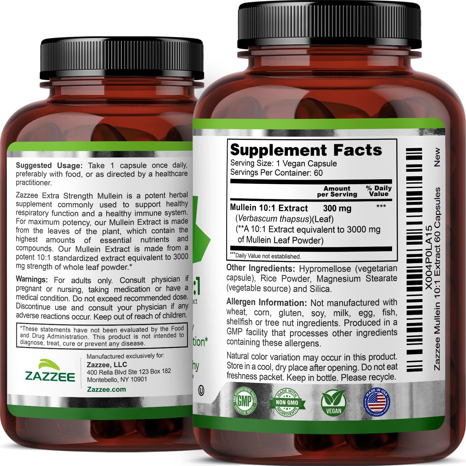 Zazzee Extra Strength Mullein 10:1 Extract, 3000 mg Strength, 60 Vegan Capsules, 2 Month Supply, Certified Kosher, Lung and Respiratory Support, 100% Pure Leaf Powder, Non-GMO, Made in The USA