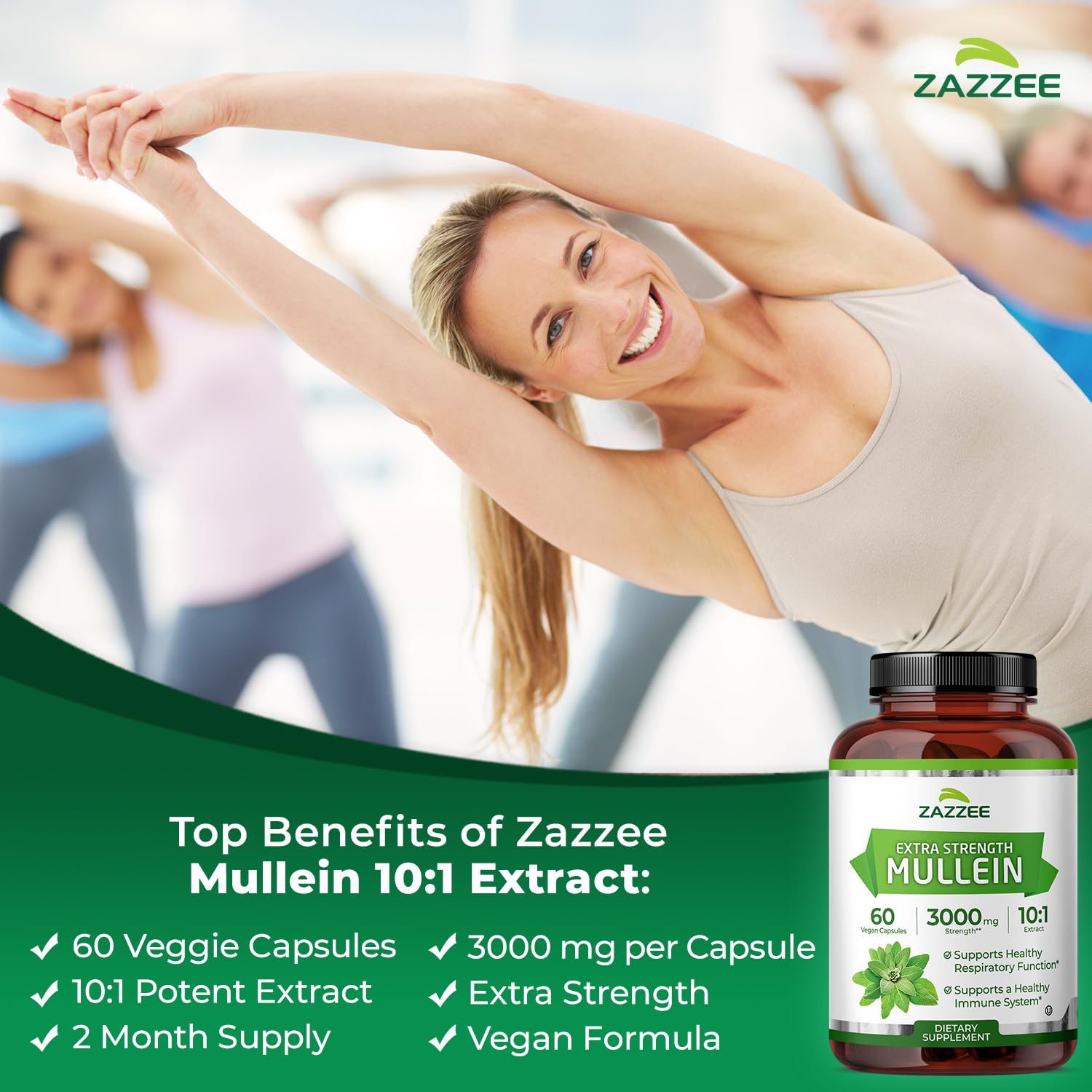 Zazzee Extra Strength Mullein 10:1 Extract, 3000 mg Strength, 60 Vegan Capsules, 2 Month Supply, Certified Kosher, Lung and Respiratory Support, 100% Pure Leaf Powder, Non-GMO, Made in The USA