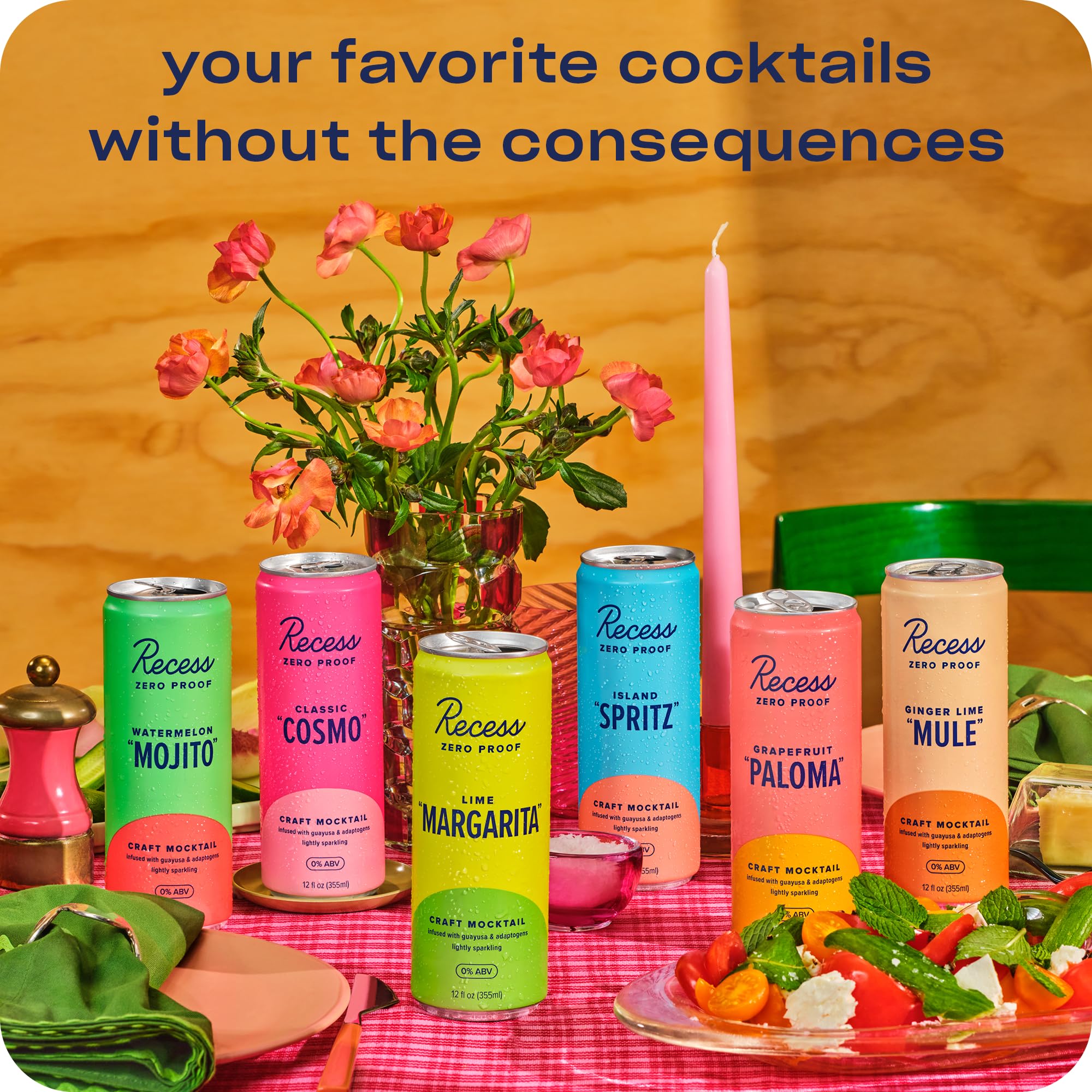 Recess Zero Proof Craft Mocktails, Alcohol Free Drinks, With Adaptogens, Non-Alcoholic Beverage Replacement, Mixer, Celebration, Party, (Island Spritz, 12oz, Pack of 12)