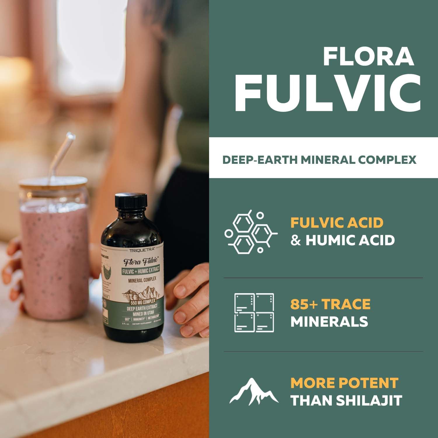 Flora Fulvic | Fulvic Acid + Humic Acid Complex – 550 mg | Mined in Utah, Prehistoric Deep Earth Extract | Immunity, Gut, Digestion – Natural Trace Mineral Complex, Fulvic Acid Supplement – 8 fl oz.