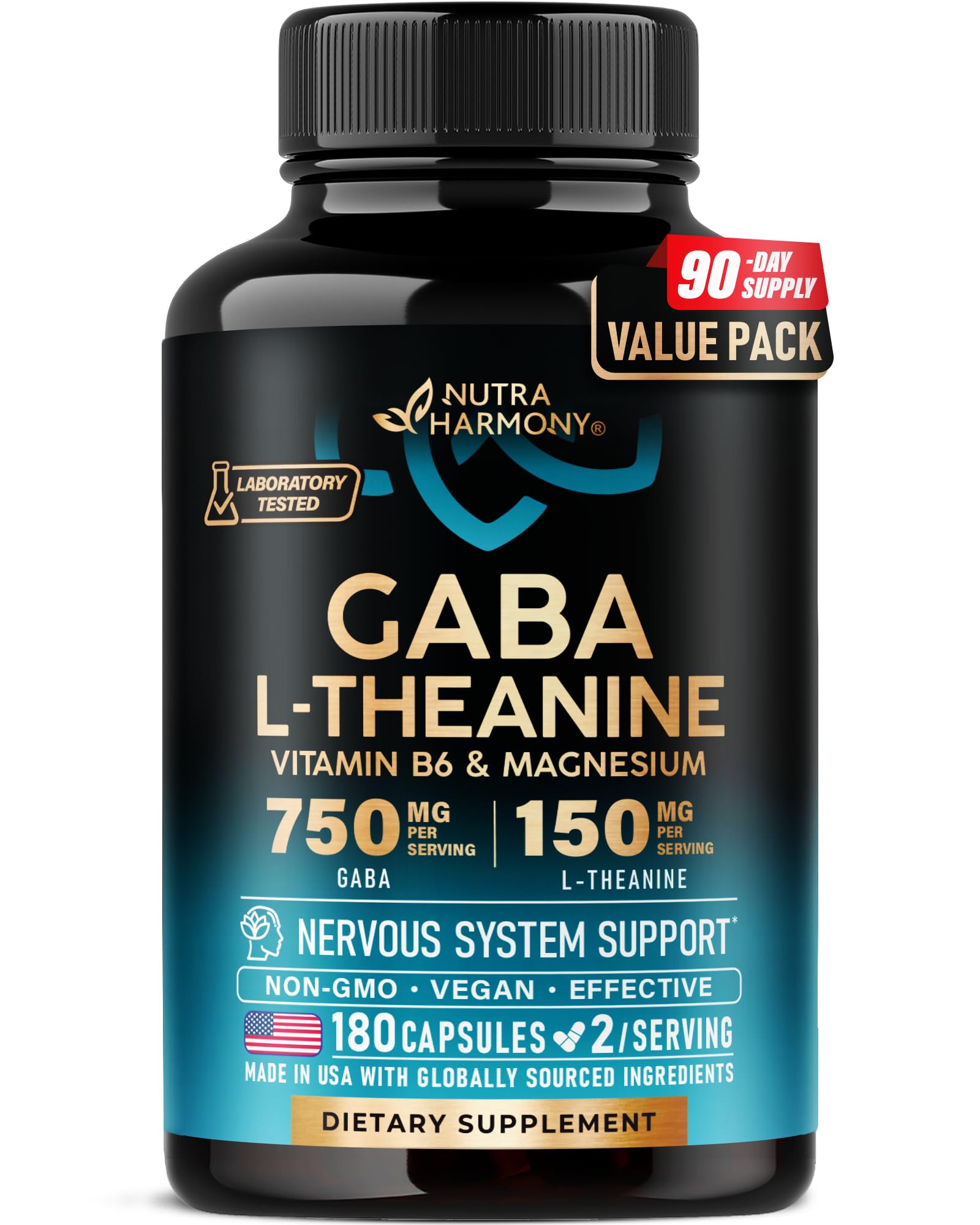 GABA L-Theanine 900 mg - Made in USA - Magnesium | Vitamin B6 - Calm, Sleep, Relaxation & Mood Support - 750 mg Gamma AminoButyric Acid, 150 mg L-Theanine - Non-Habit Forming, Vegan - 180 Capsules