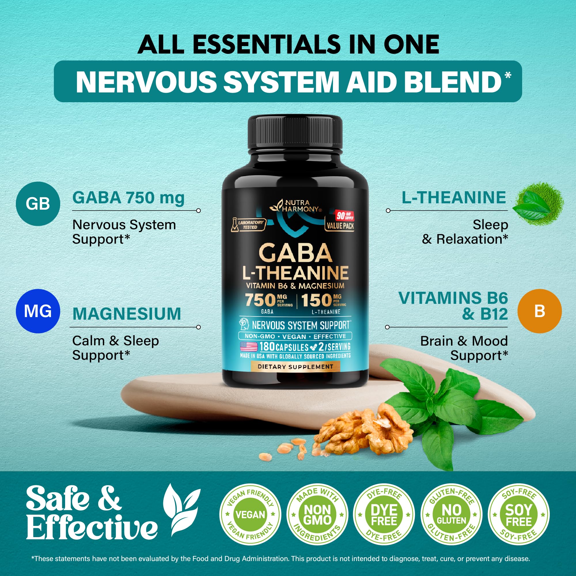 GABA L-Theanine 900 mg - Made in USA - Magnesium | Vitamin B6 - Calm, Sleep, Relaxation & Mood Support - 750 mg Gamma AminoButyric Acid, 150 mg L-Theanine - Non-Habit Forming, Vegan - 180 Capsules