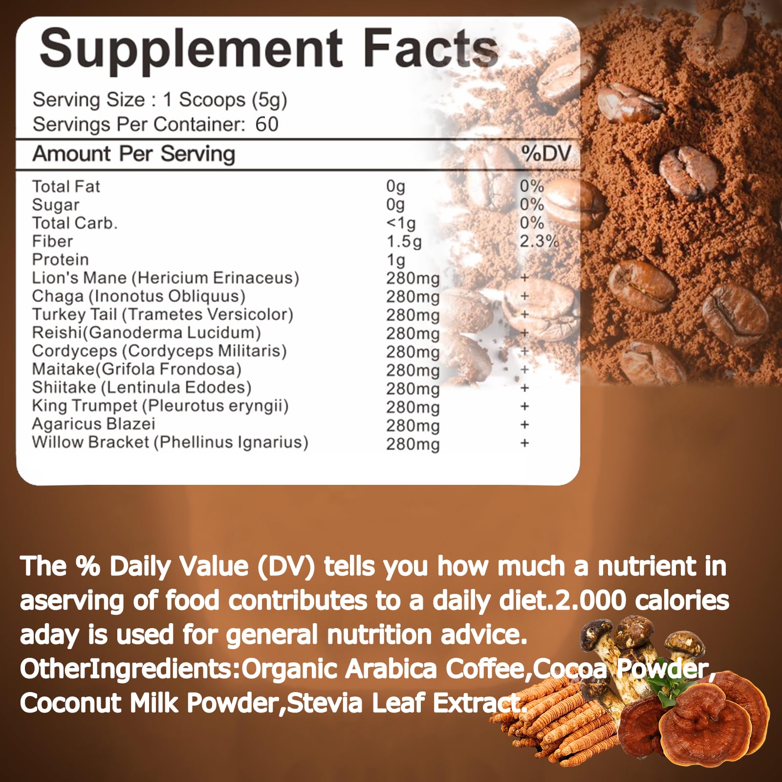 Suiyilary Mushroom Coffee, 10 Mushroom Extract Powder Blend Lion's Mane, Reishi, Chaga, Cordyceps, Turkey Tail, Brain Supplements with Instant Coffee for Energy, Focus, Memory and Immunity 300g