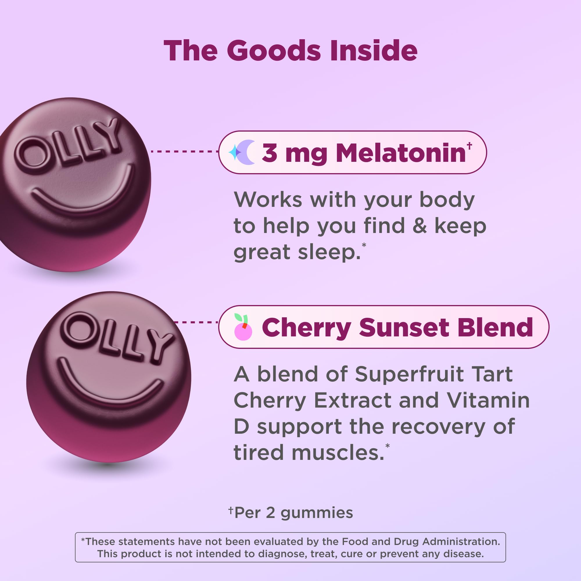 OLLY Muscle Recovery Sleep Gummies, Sleep and Sore Muscle Support, 3mg Melatonin, Tart Cherry, Vitamin D, Berry Flavor - 40 Count