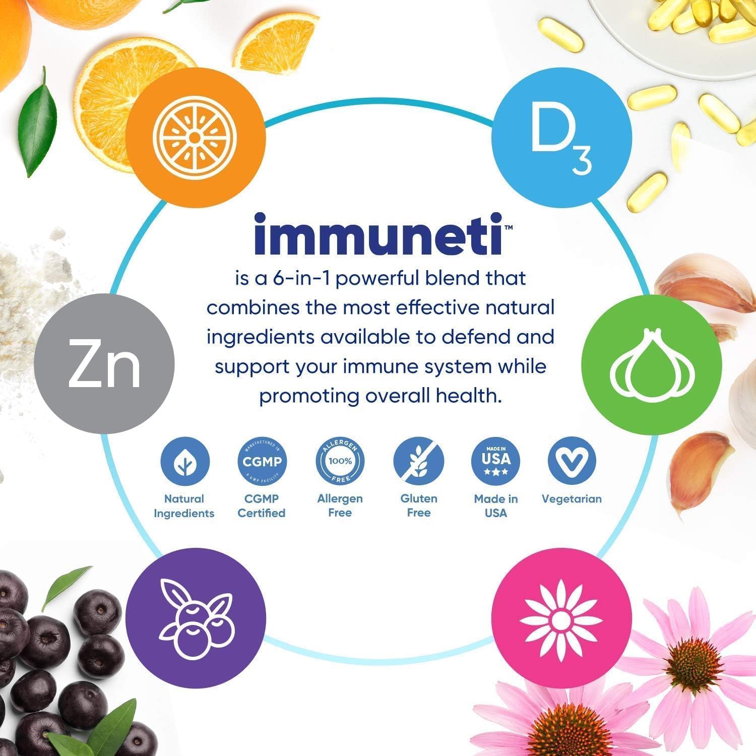 Immuneti Advanced Immune Support – Doctor Formulated 6-in-1 Daily Immunity Supplement – Made in USA – With Vitamin C, D3, Zinc, Elderberry, Garlic & Echinacea - Vital Nutrients & Antioxidants (1)