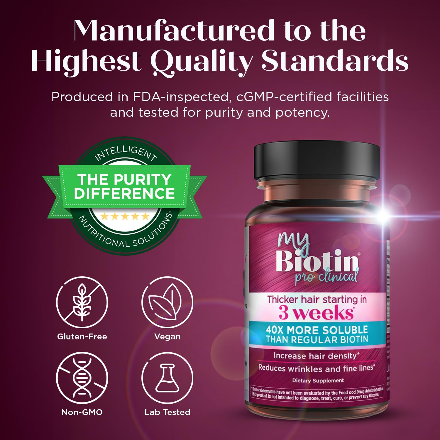 Purity Products MyBiotin ProClinical – Thicker Hair Starting in 3 Weeks & Fights Wrinkles - MB40X Patented Biotin Vitamin B7 Matrix w/Astaxanthin - 40X More Soluble vs Ordinary Biotin, 90 Veg Capsules