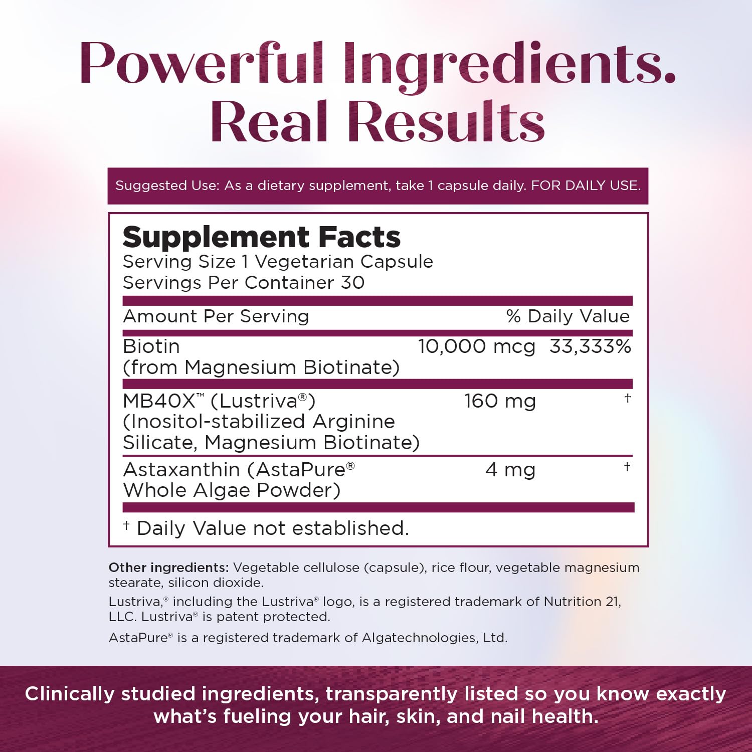 Purity Products MyBiotin ProClinical – Thicker Hair Starting in 3 Weeks & Fights Wrinkles - MB40X Patented Biotin Vitamin B7 Matrix w/Astaxanthin - 40X More Soluble vs Ordinary Biotin, 90 Veg Capsules