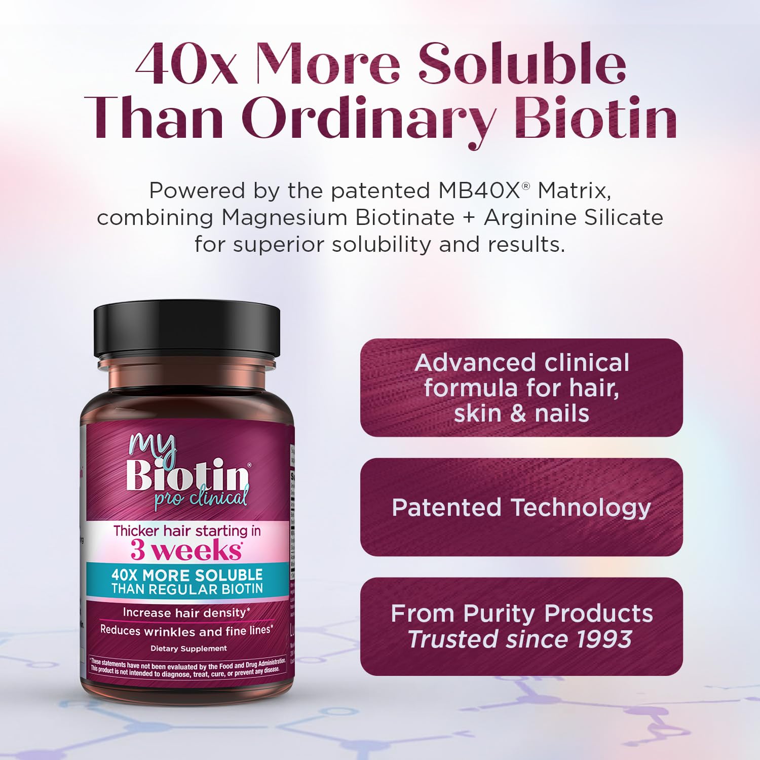 Purity Products MyBiotin ProClinical – Thicker Hair Starting in 3 Weeks & Fights Wrinkles - MB40X Patented Biotin Vitamin B7 Matrix w/Astaxanthin - 40X More Soluble vs Ordinary Biotin, 90 Veg Capsules