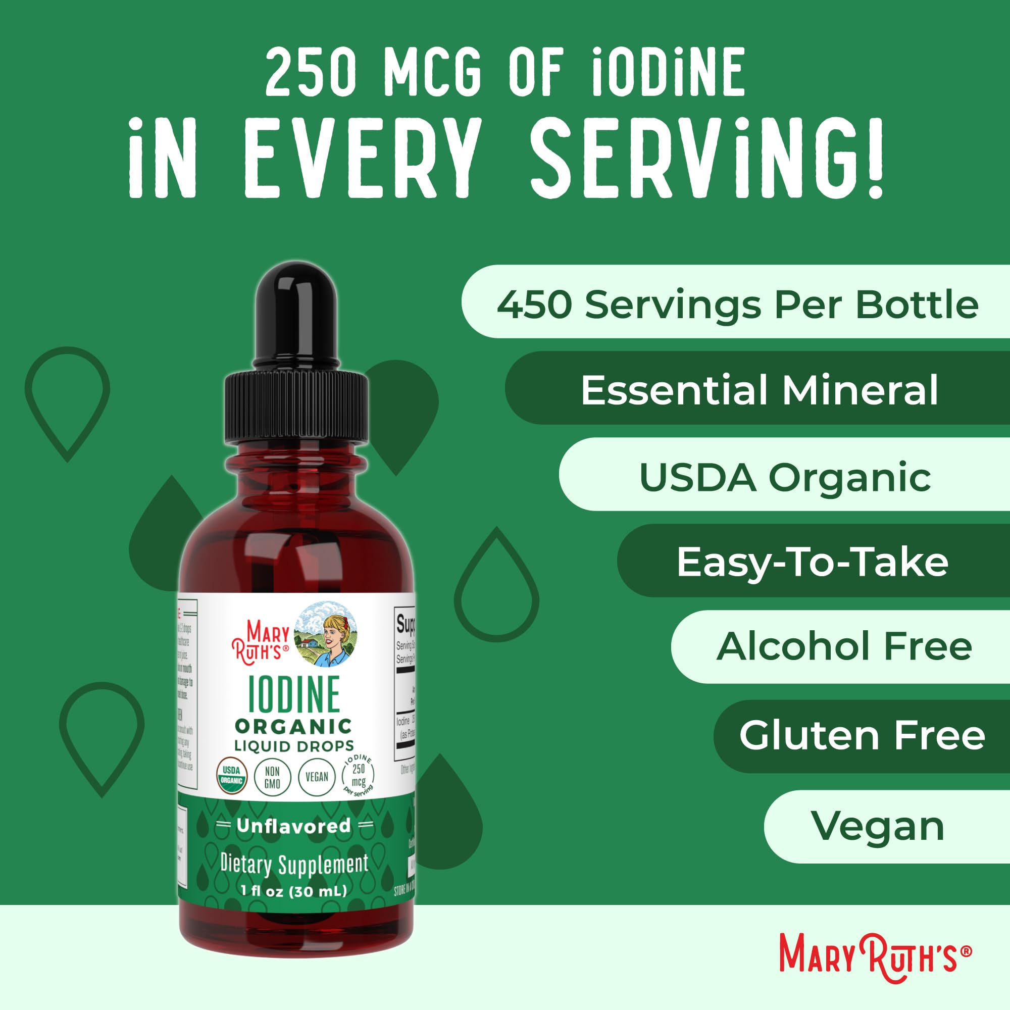 MaryRuth Organics Iodine Liquid Drops | Potassium Iodide | 1 Year Supply | 450 Servings | Thyroid Health | USDA Organic| Vegan | Non-GMO | Gluten Free | 1 Fl Oz