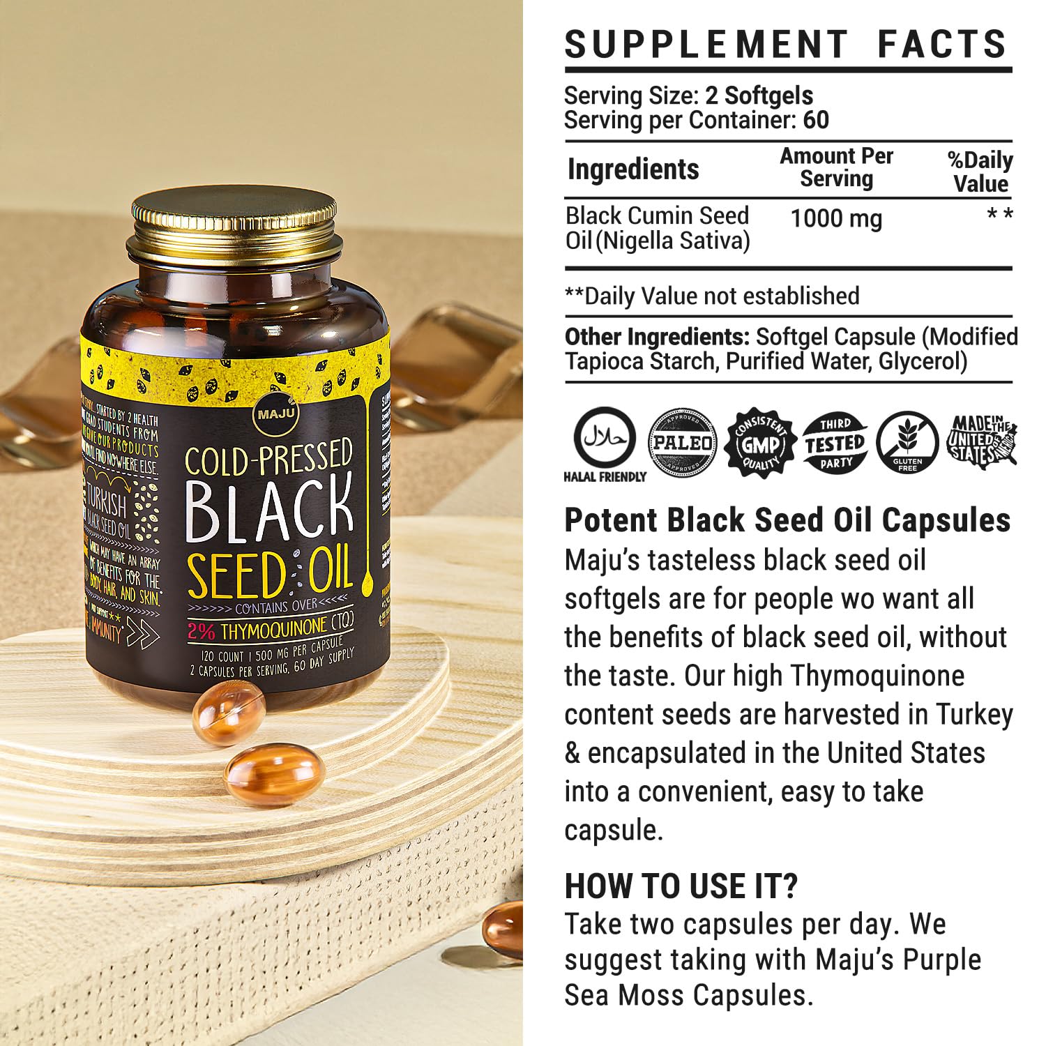 Maju Superfoods Black Seed Oil Capsules, Strong Cold Pressed, 2% Thymoquinone, 100% Turkish Black Cumin Nigella Sativa Seed Oil, Organic BSO, Liquid Blackseed, 120 Count, 500mg per Capsule