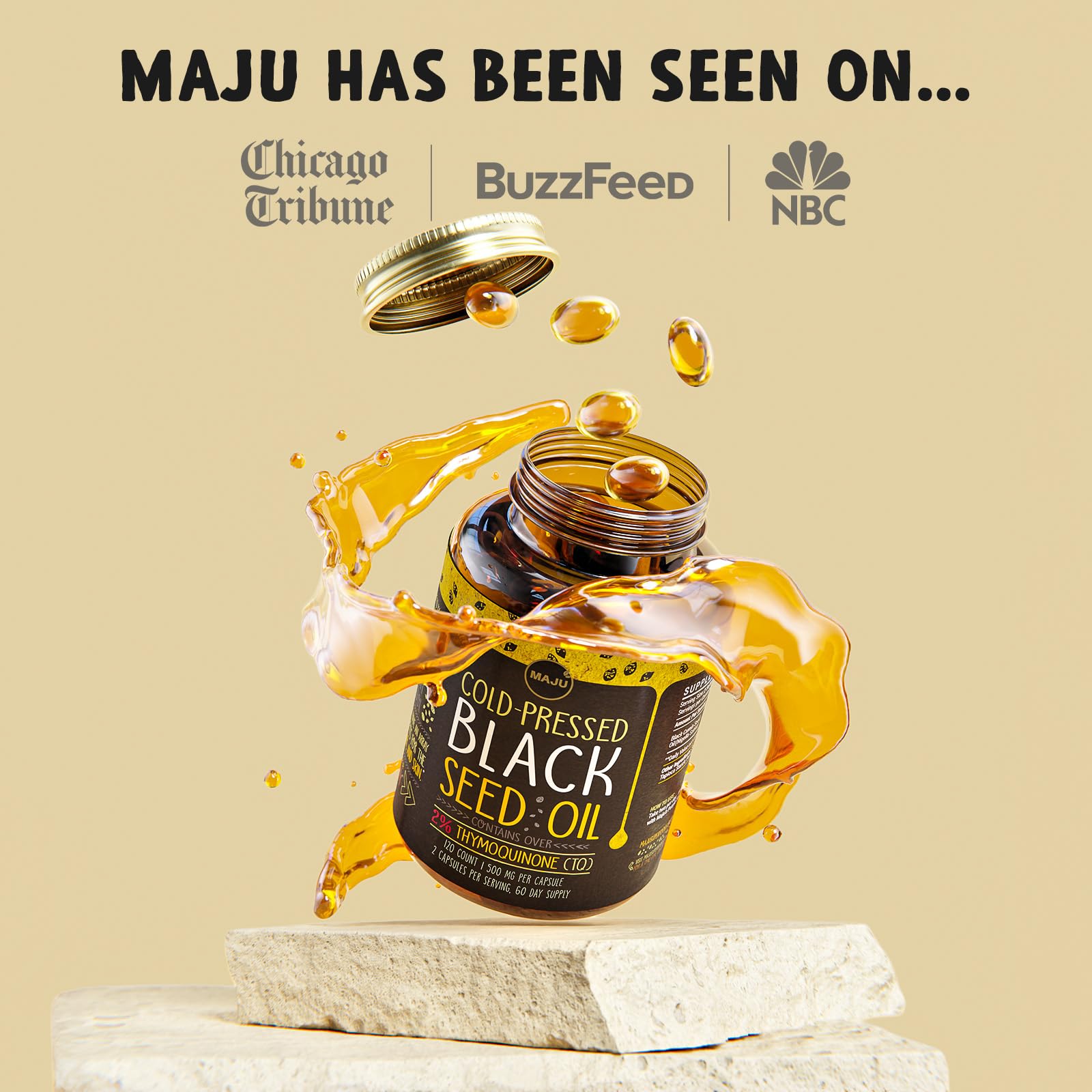 Maju Superfoods Black Seed Oil Capsules, Strong Cold Pressed, 2% Thymoquinone, 100% Turkish Black Cumin Nigella Sativa Seed Oil, Organic BSO, Liquid Blackseed, 120 Count, 500mg per Capsule