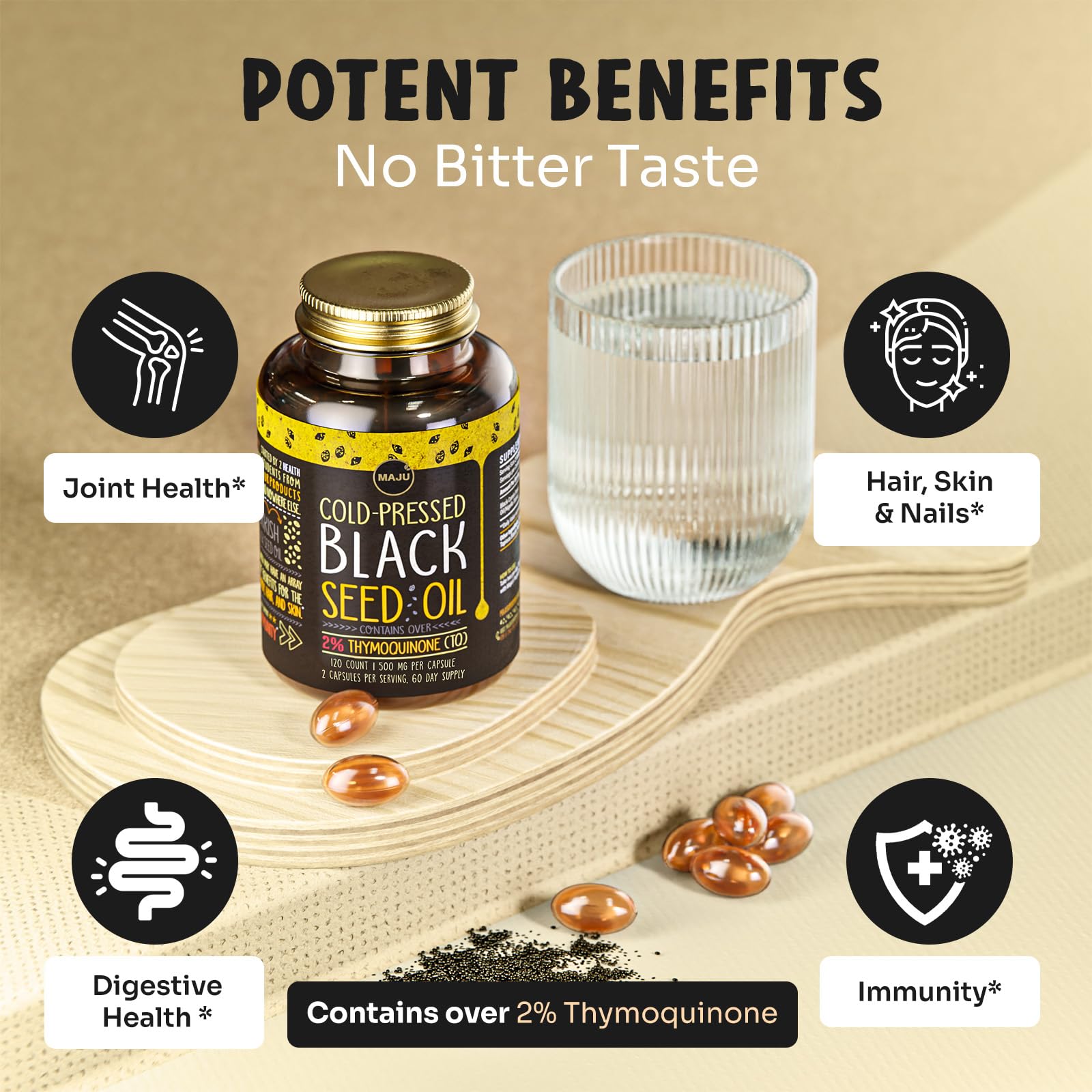 Maju Superfoods Black Seed Oil Capsules, Strong Cold Pressed, 2% Thymoquinone, 100% Turkish Black Cumin Nigella Sativa Seed Oil, Organic BSO, Liquid Blackseed, 120 Count, 500mg per Capsule
